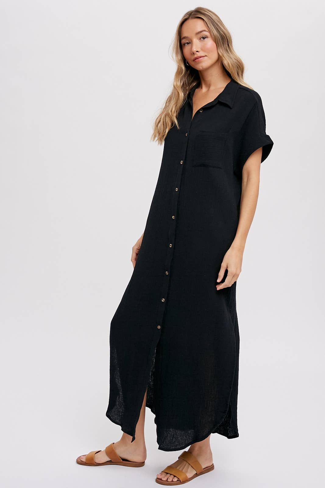 Button Up Maxi Shirt Dress with Pocket