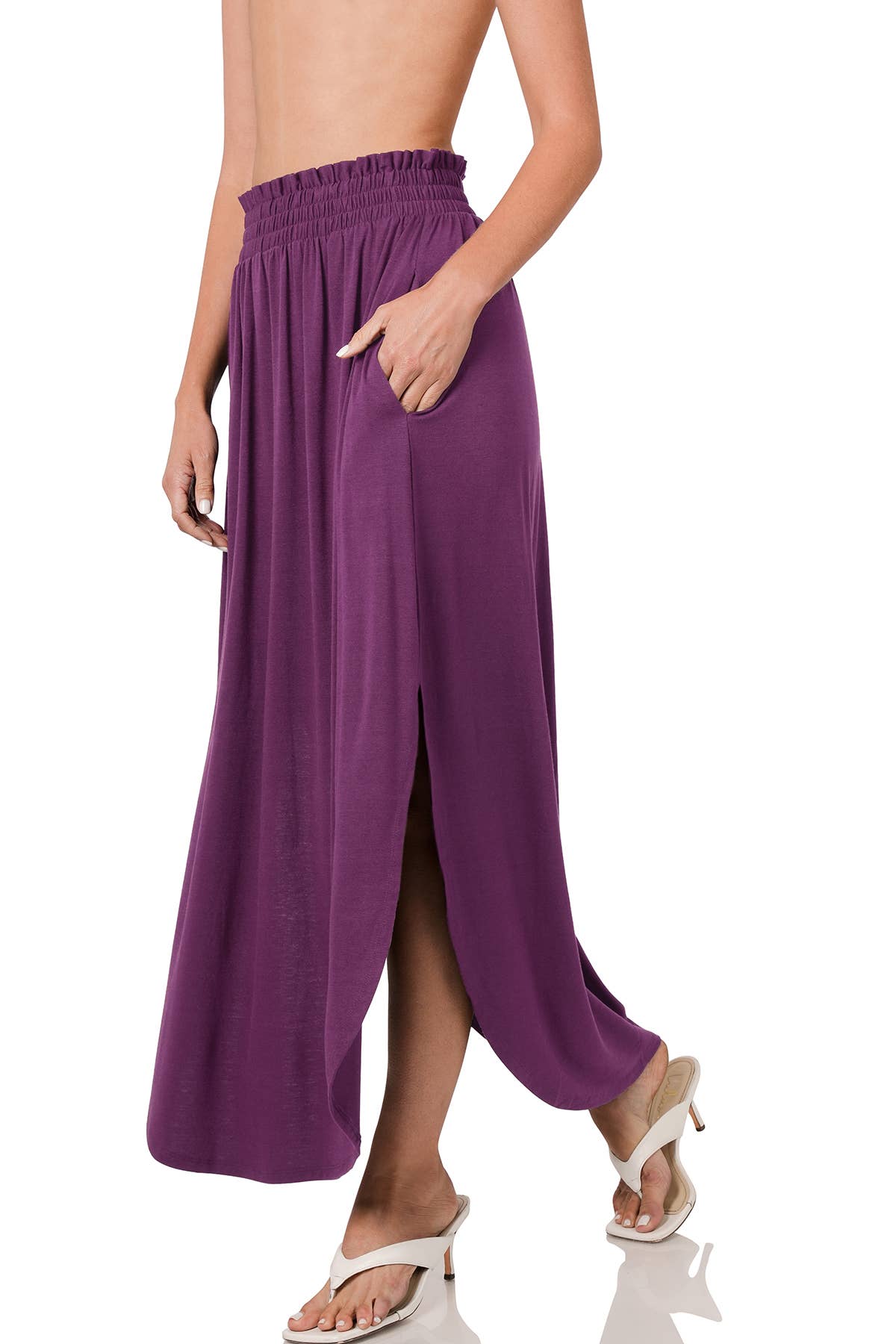 SMOCKED WAIST SIDE SLIT MAXI SKIRT WITH POCKETS