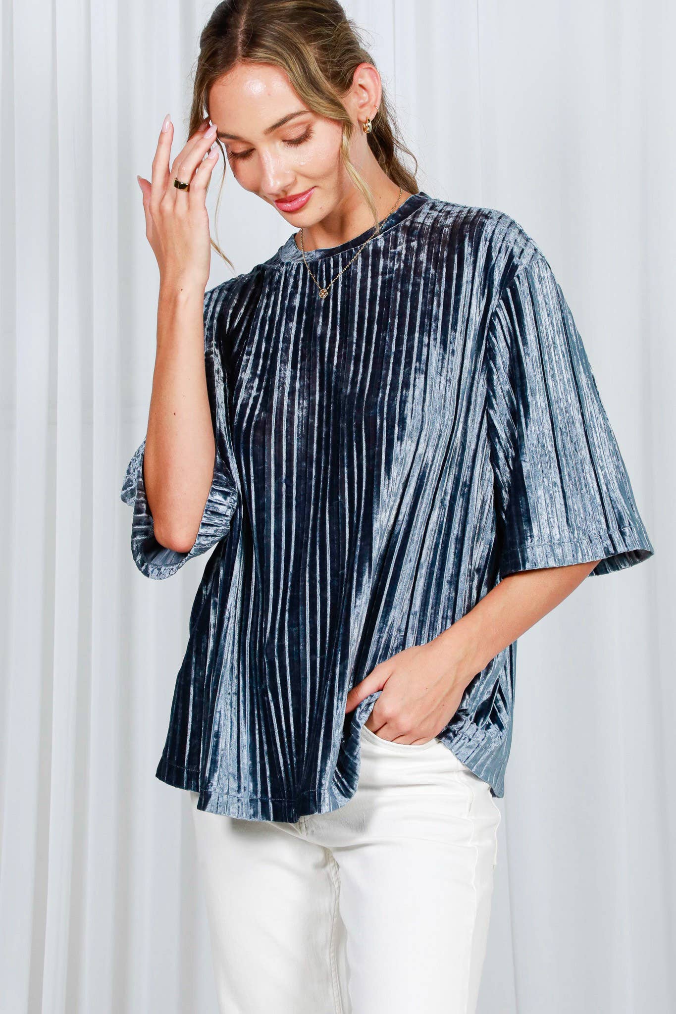 Pleated Velvet Crew Neck Band Short-Sleeve Top