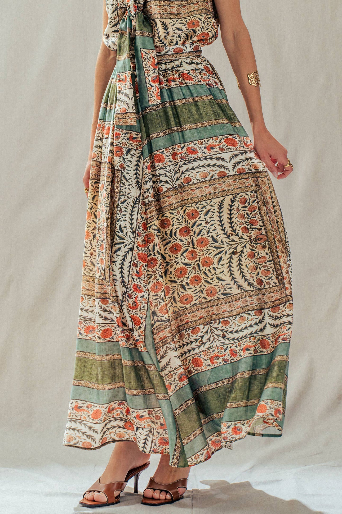 Botanical Bird Print Tencel Blend Maxi Skirt