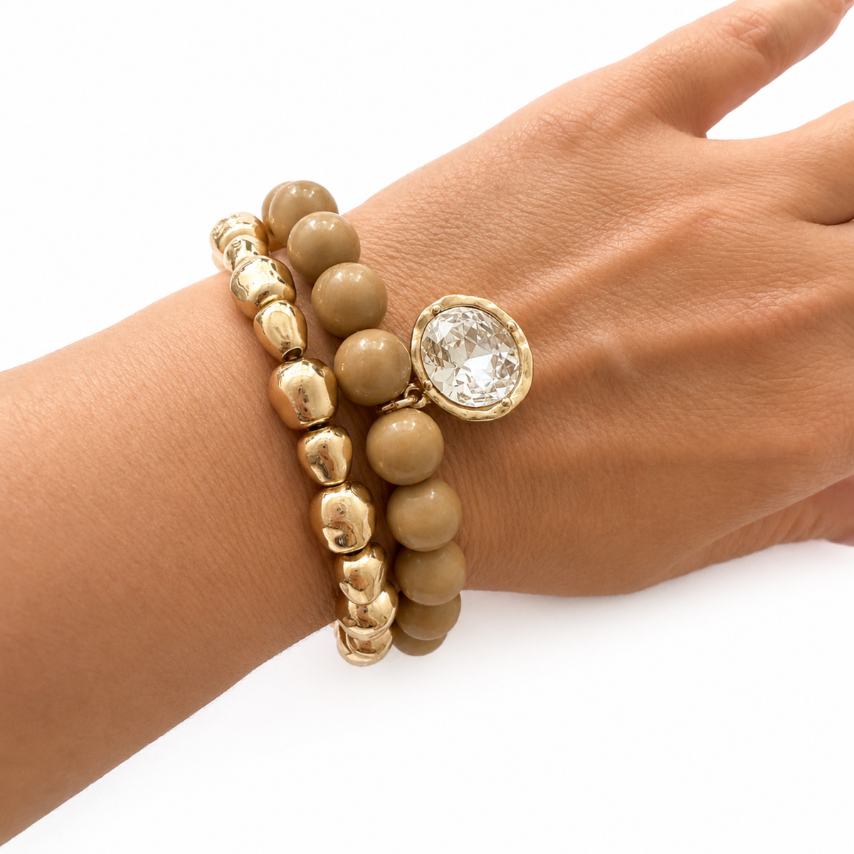 Ellison+Young Marbled Bead Stretch Bracelet Set of 2, Organic Gold with Crystal Coin Charm