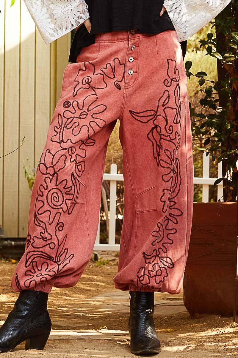 Floral embroidered  twill pants