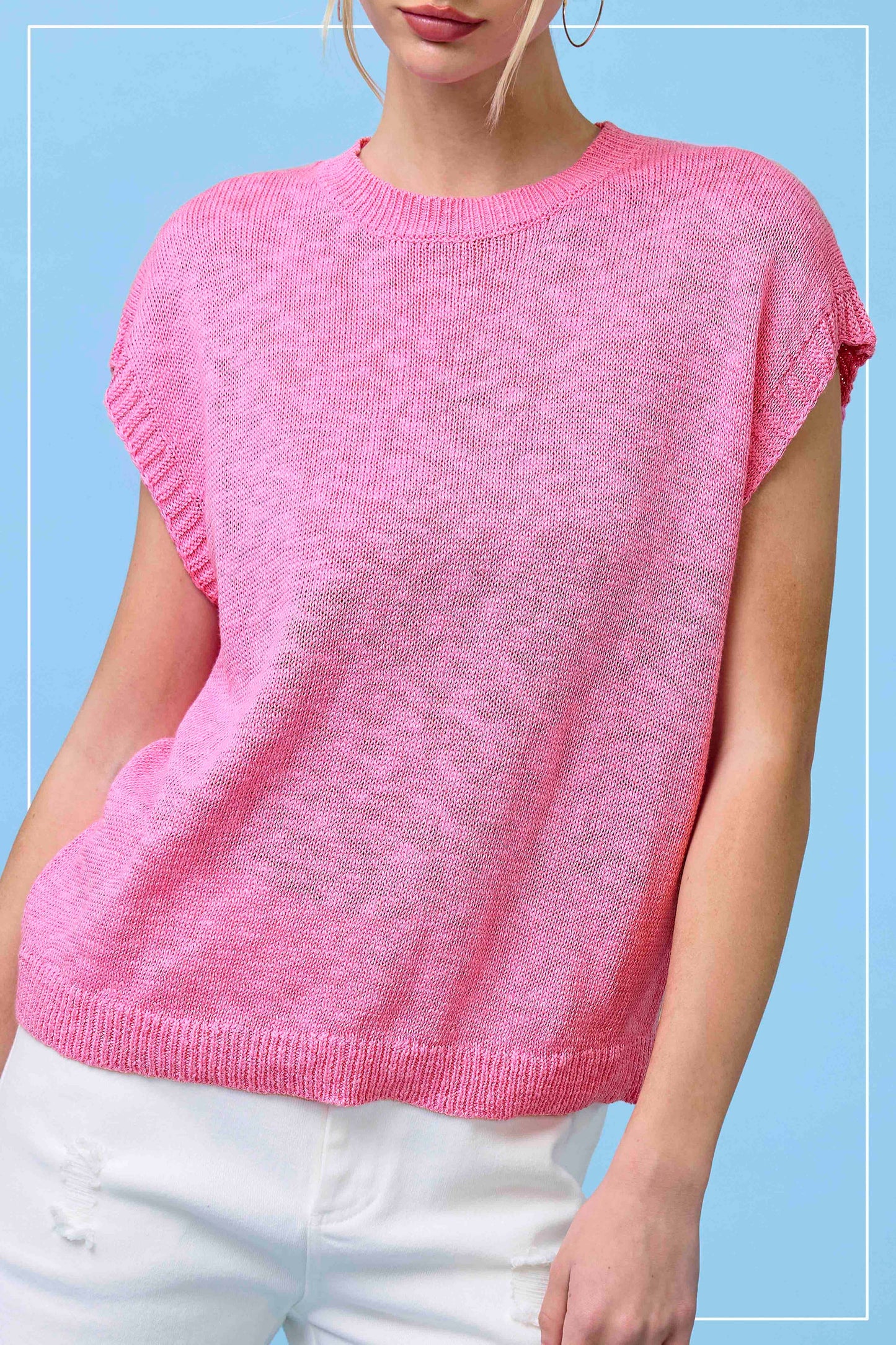 Loose Fit Sleeveless Ribbed Knit Mock Crew Neck Top
