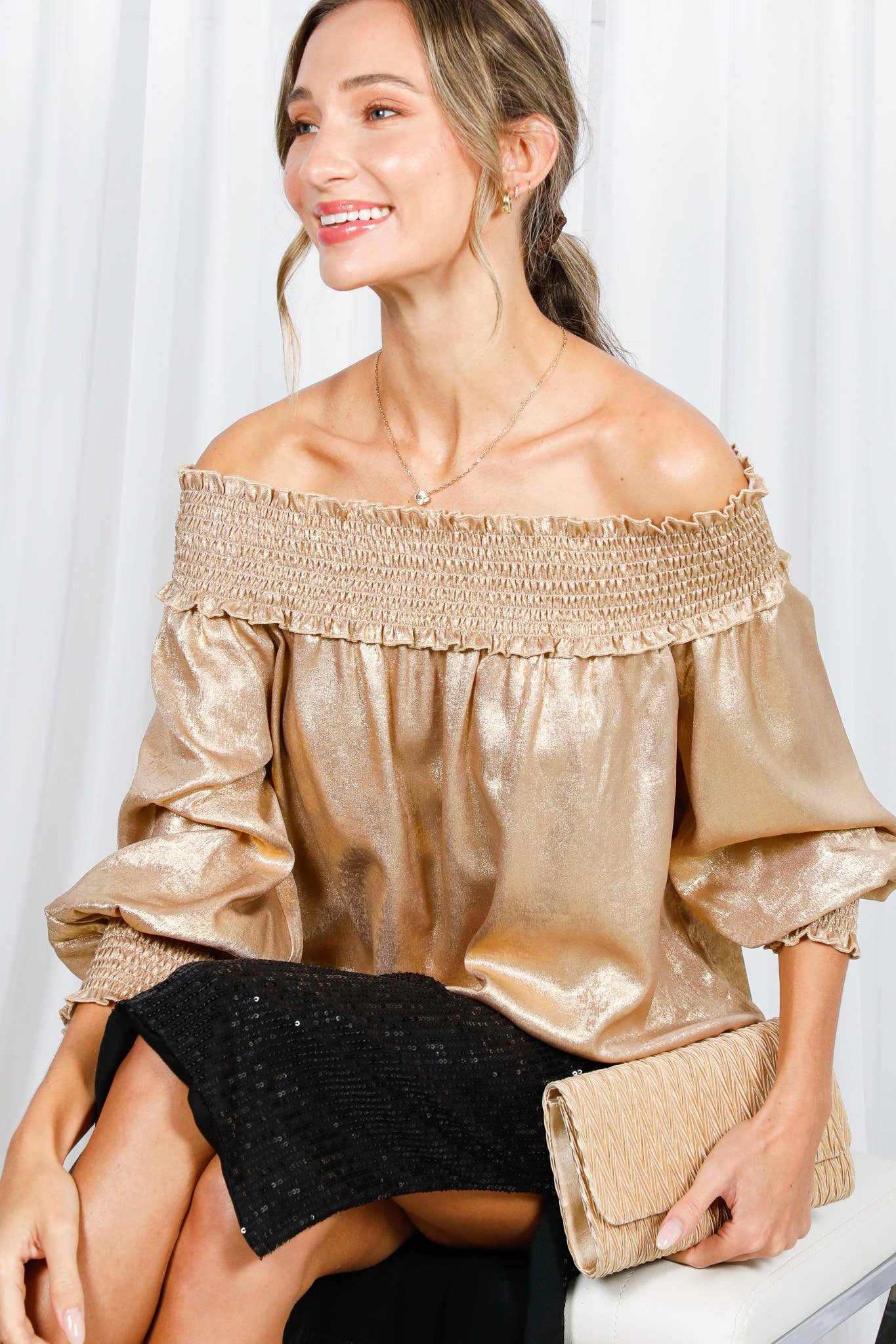 Metallic Woven Off-The-Shoulder Smocked Blouse