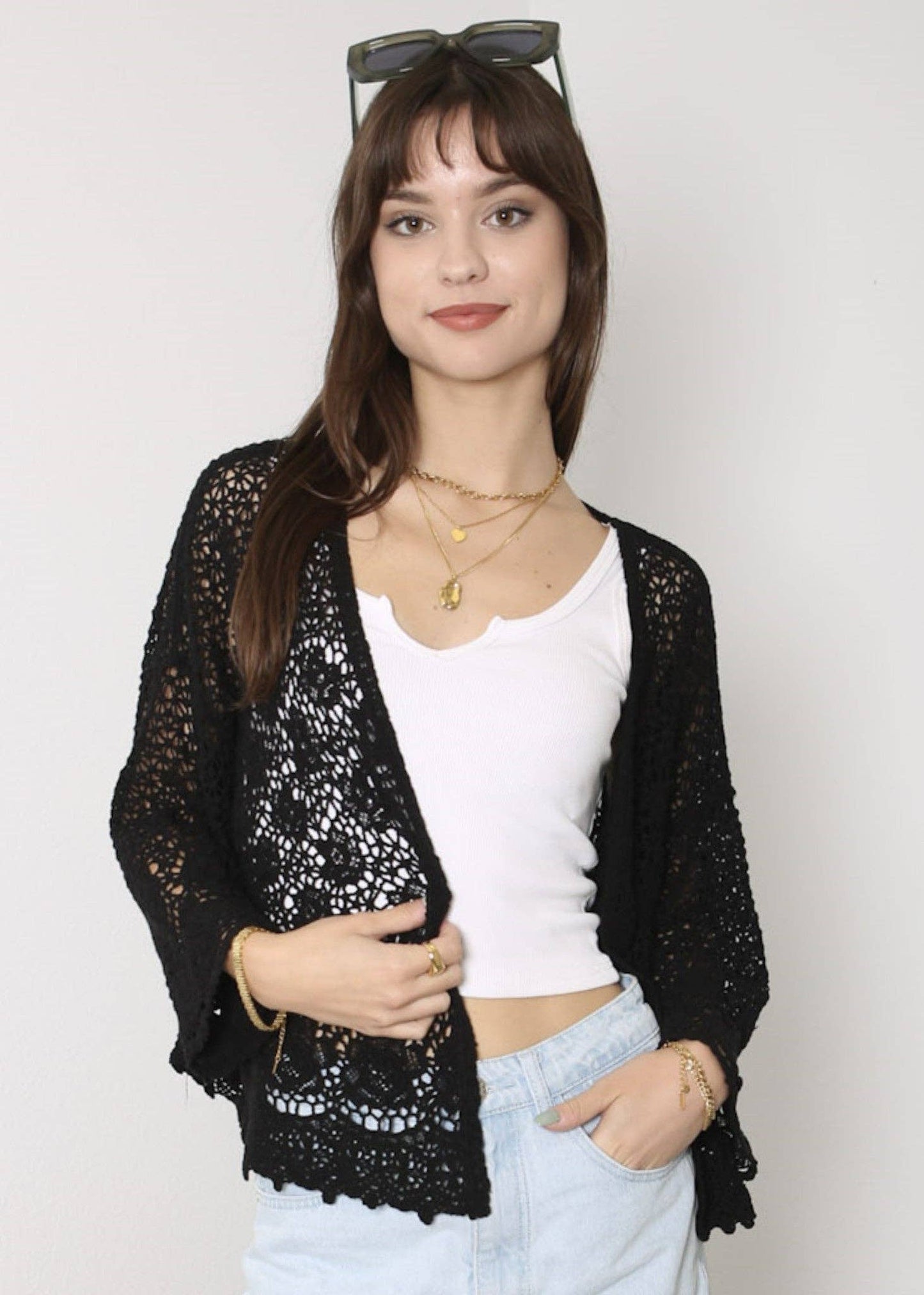 Embroidered Lace Kimono Crop Cardigan Half