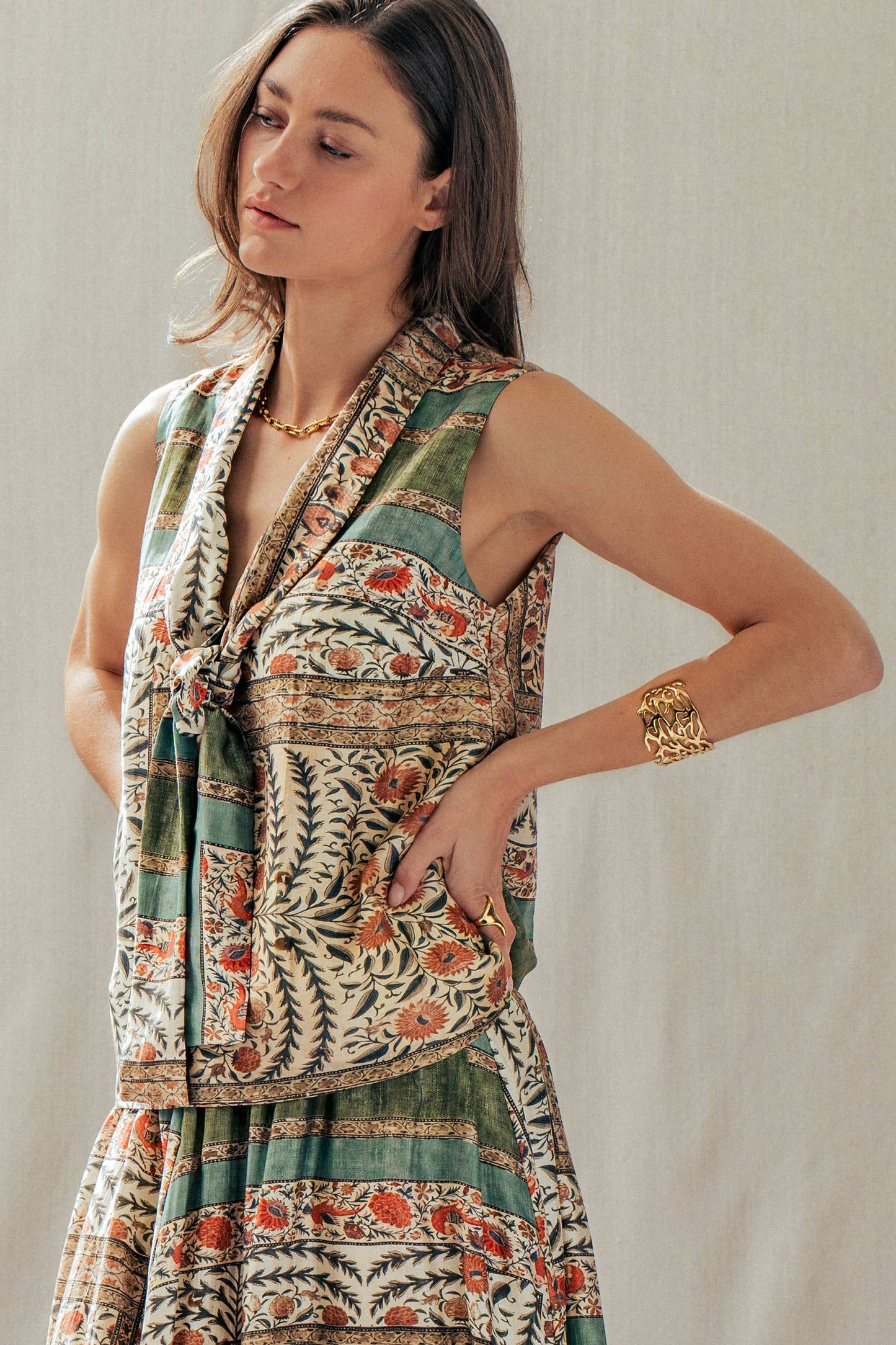 Botanical Bird Print Tie-Front Tencel Blend Top
