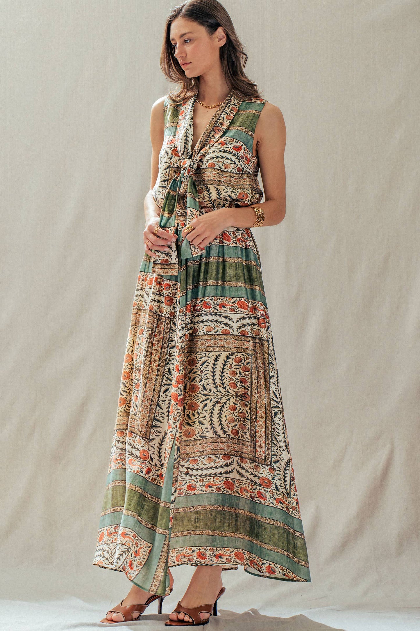 Botanical Bird Print Tie-Front Tencel Blend Top