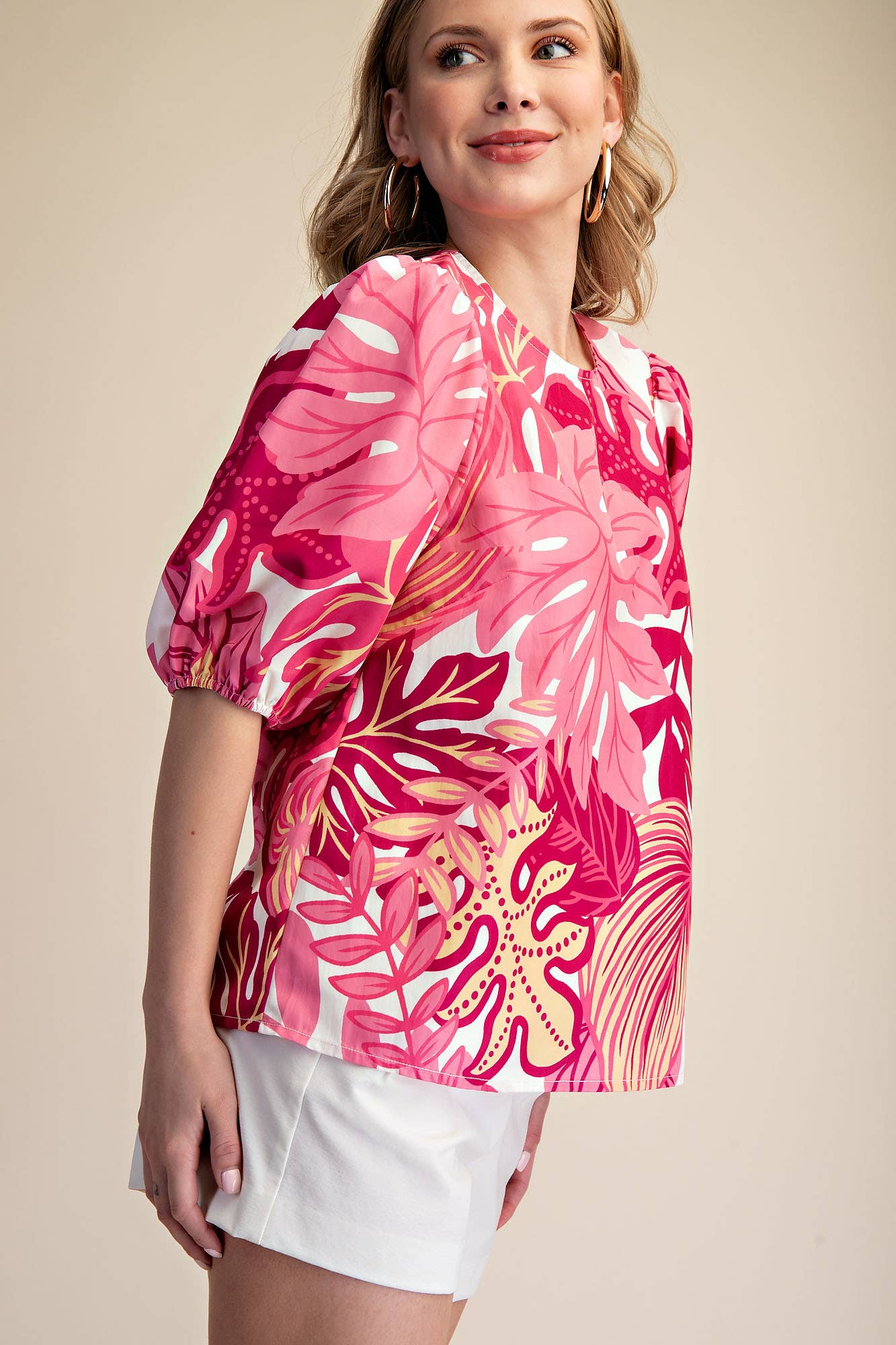 Puff Sleeve Tropical Printed Top