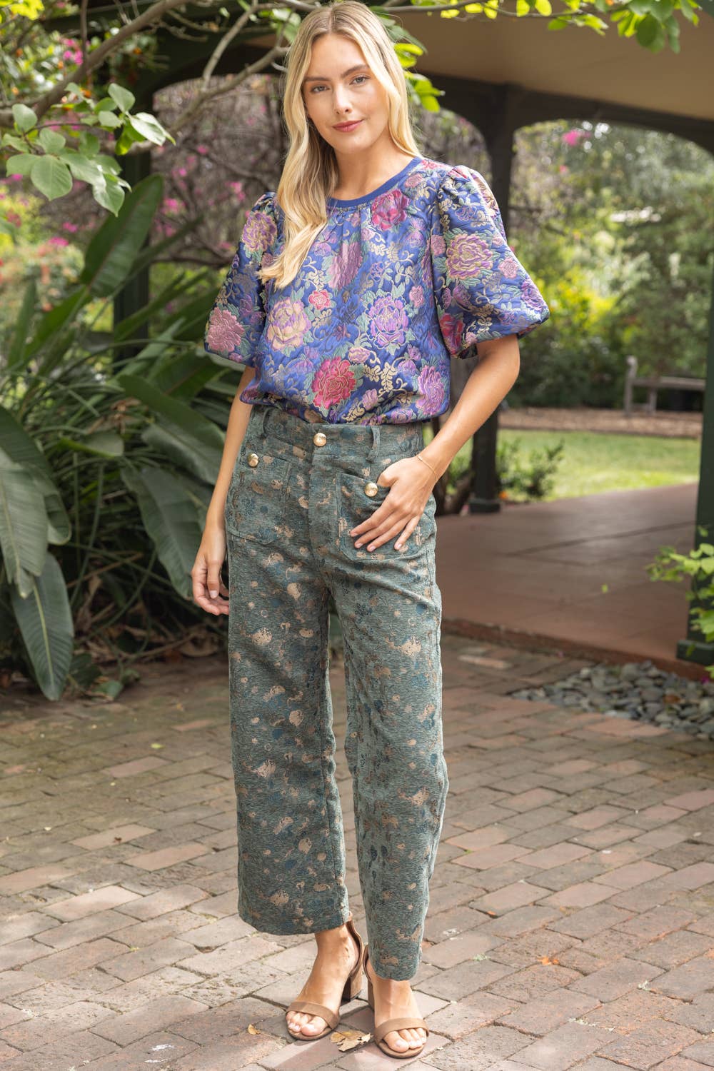 Gold Button Abstract Velvet Jaquard Wide Leg Pants