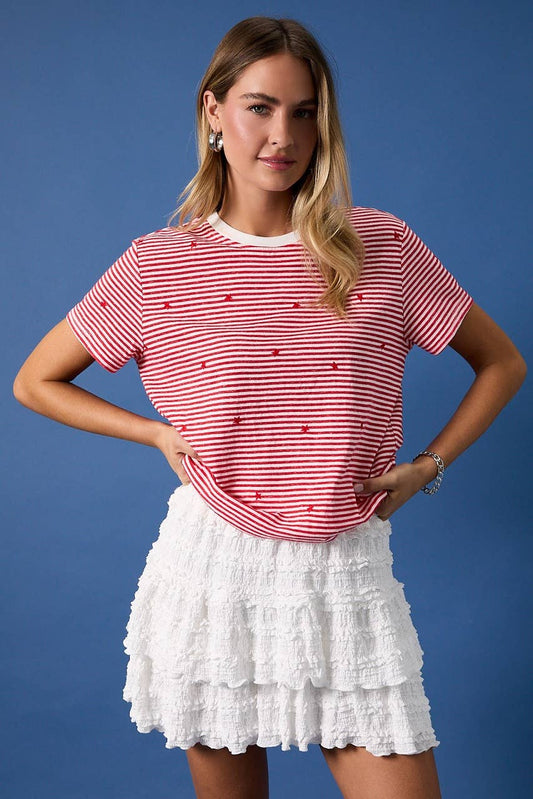 STRIPE KNIT T-SHIRT WITH ALL OVER STAR EMBROIDERY