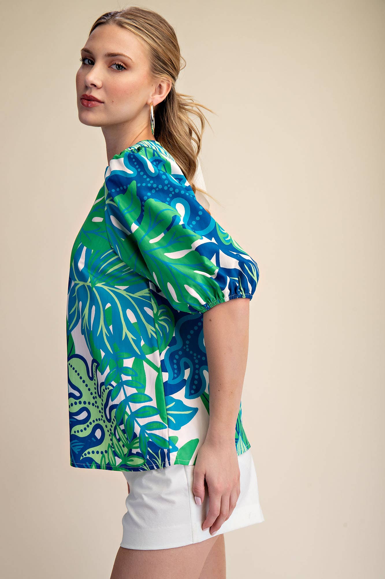Puff Sleeve Tropical Printed Top