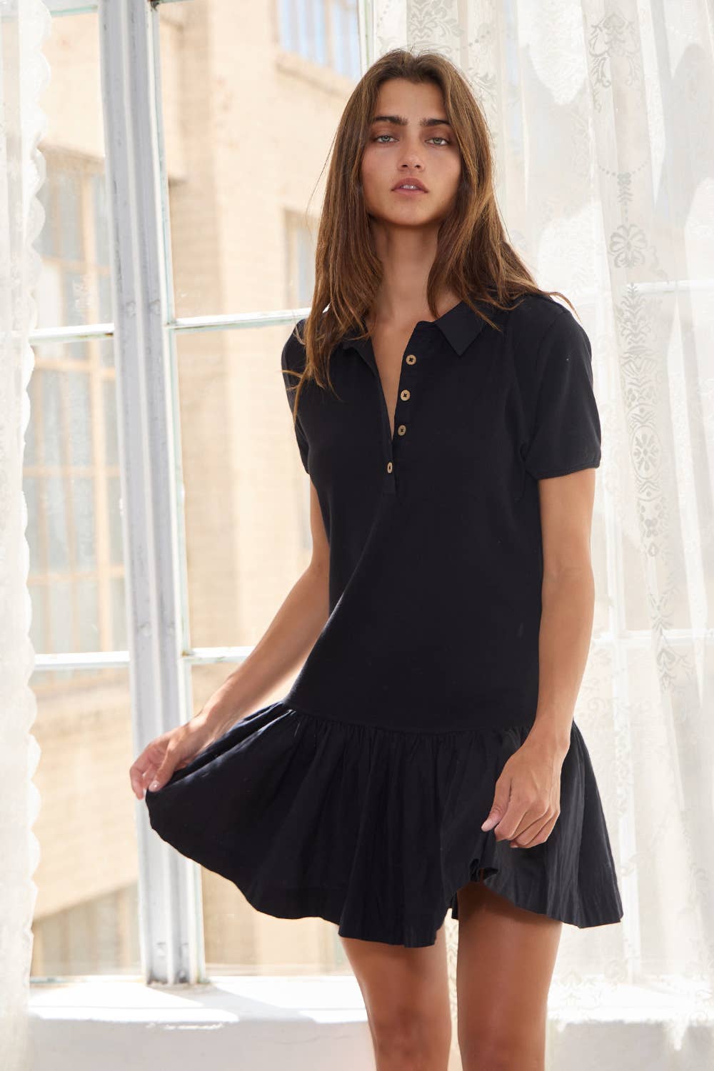 Polo-inspired Bodice Mini Dress With Ruffled Skirt