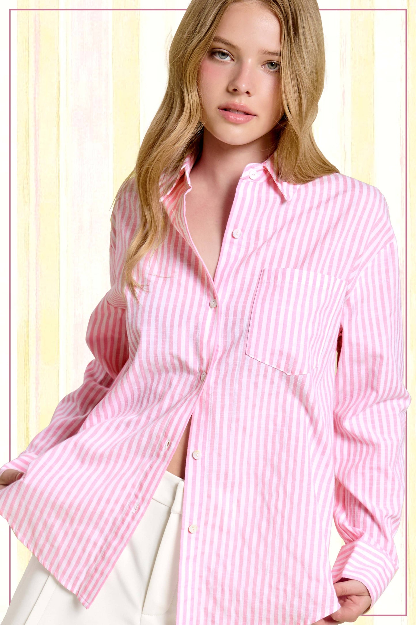 -Collared Contrast Stripe Button Down