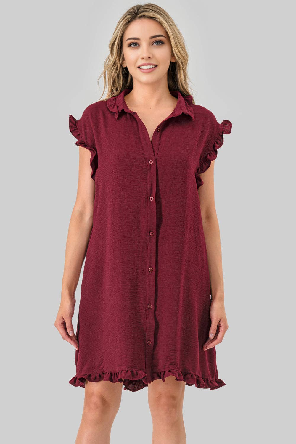 Mbd 6710 Avery Game Day Ruffle Button Down Dress Burgundy