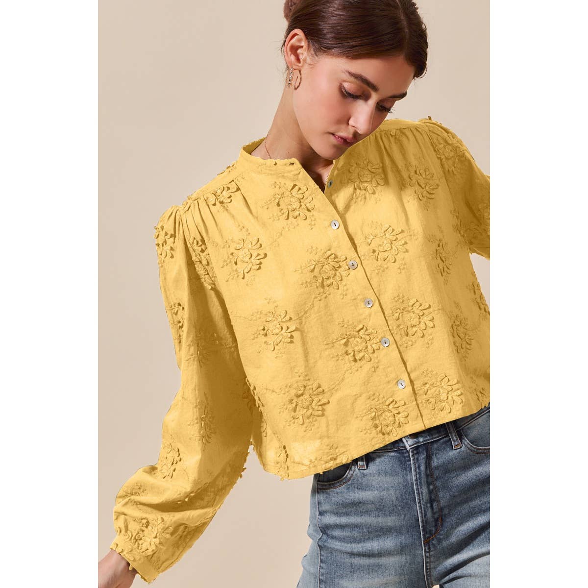 3D FLORAL WOVEN LONG SLEEVE FRONT BUTTON SHIRT