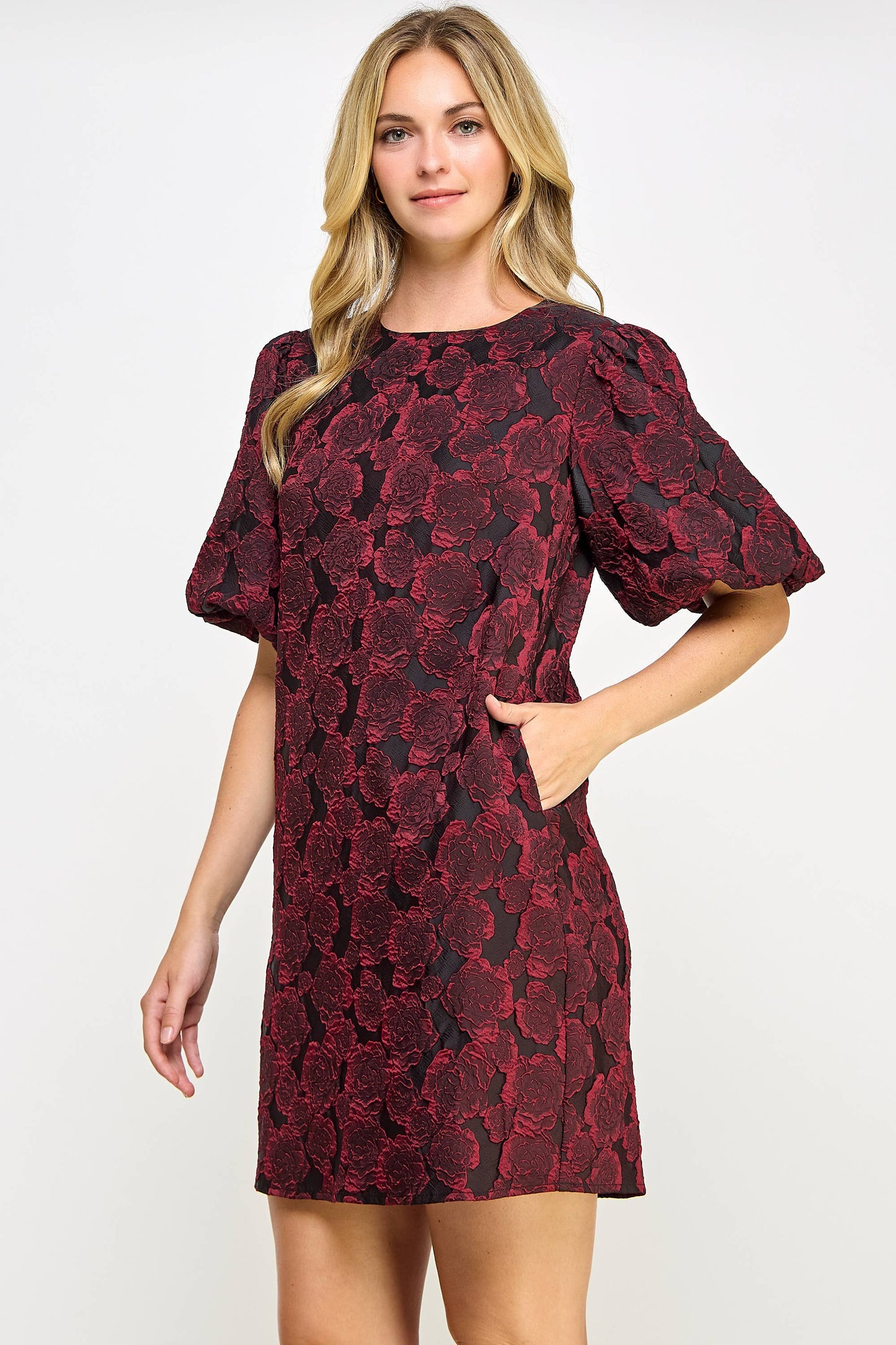 PUFF SLEEVE JACQUARD DRESS WINE