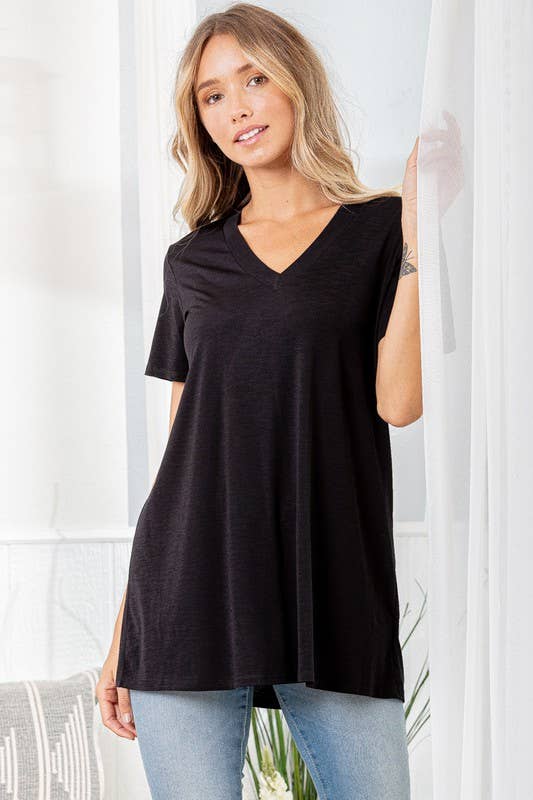 V NECK TOP Solid Black Plus Sizes