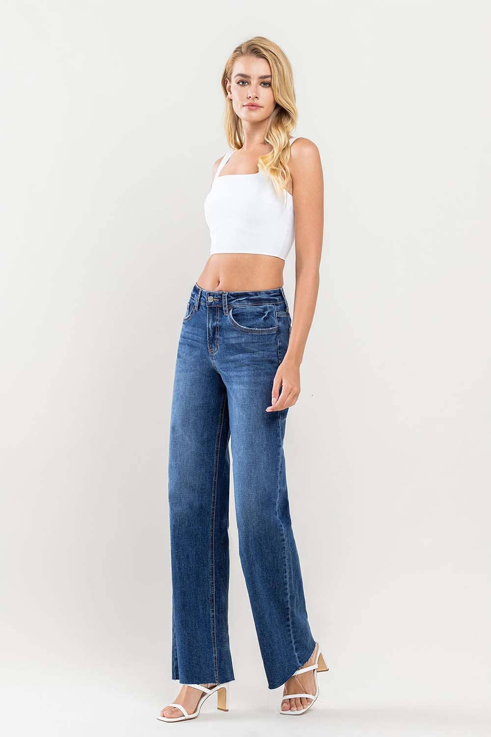 HIGH RISE CLEAN CUT RAW HEM WIDE JEANS