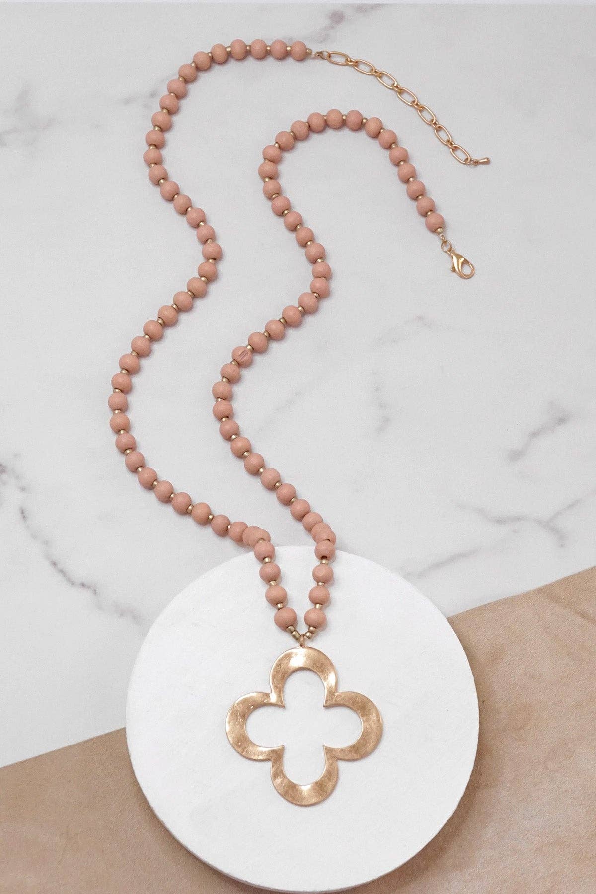 Long Wooden Bead Necklace with gold Open Clover Flower - Blush Muted Pink