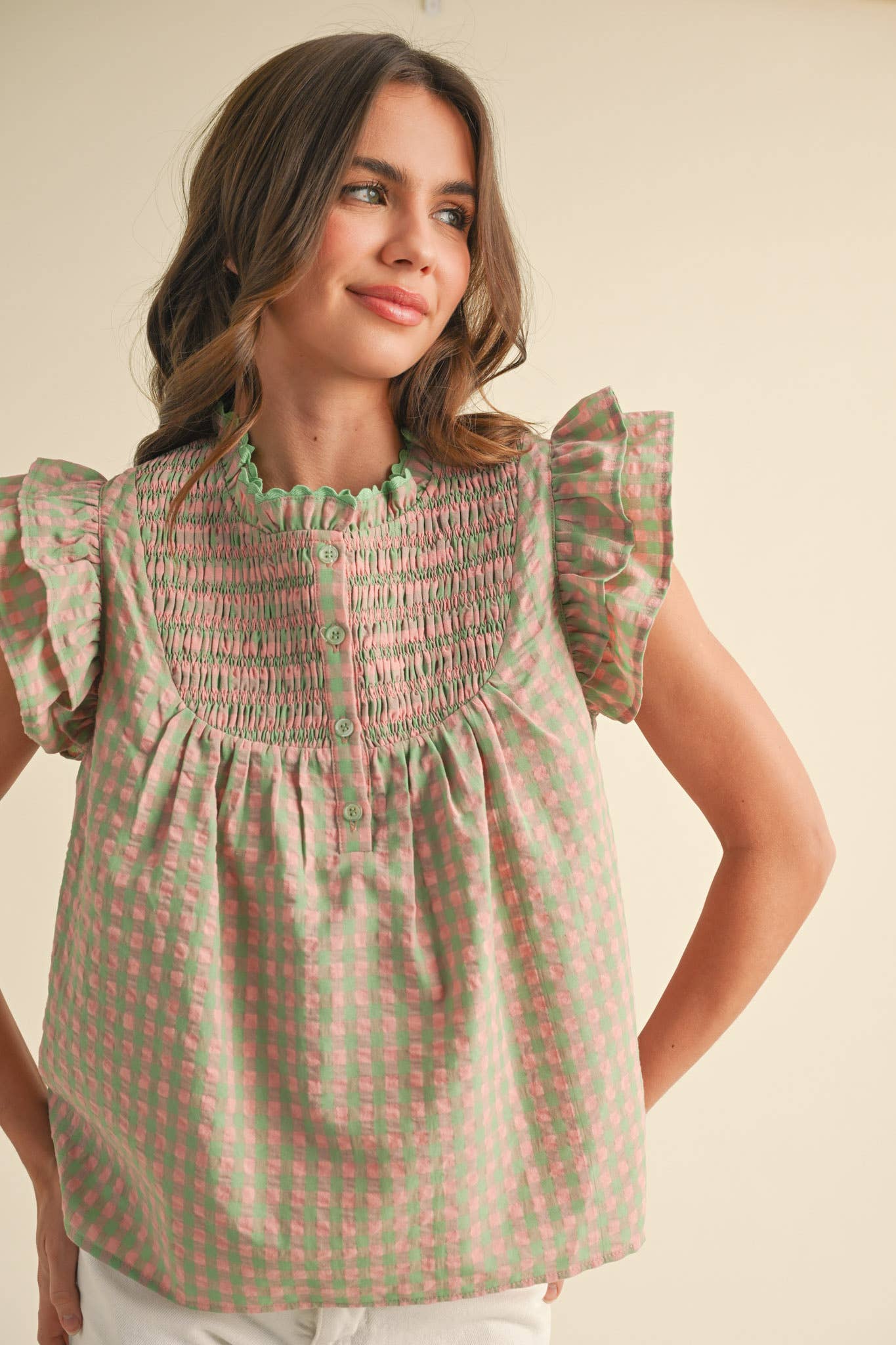 GINGHAM FLUTTER SLEEVE TOP