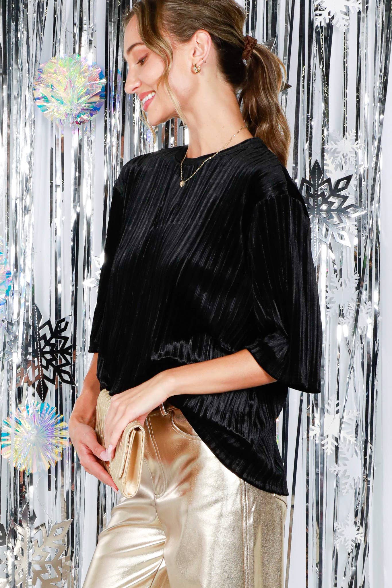 Pleated Velvet Crew Neck Band Short-Sleeve Top