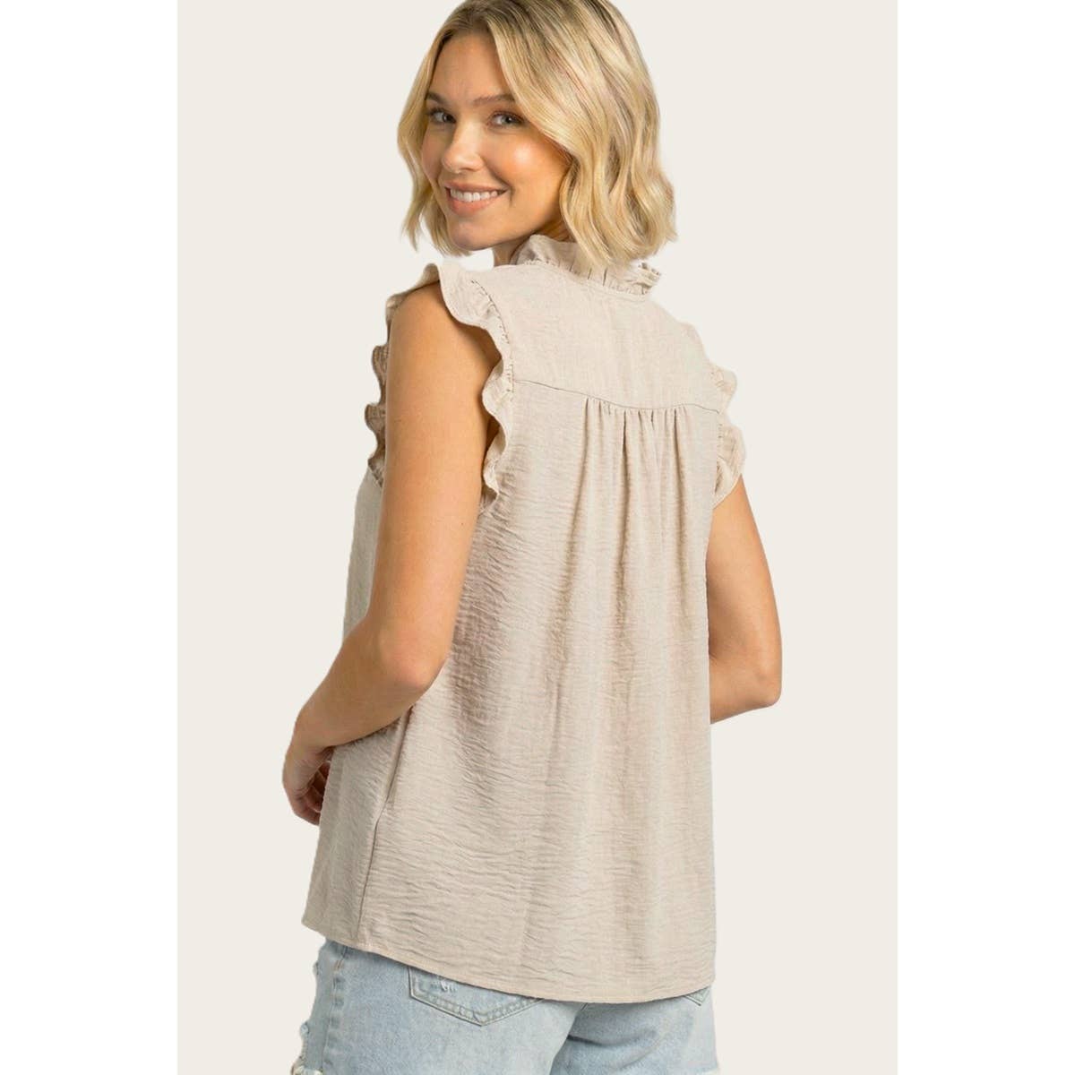 FRILLED Y SPLIT NECK SMOCKED SHOULDER TOP
