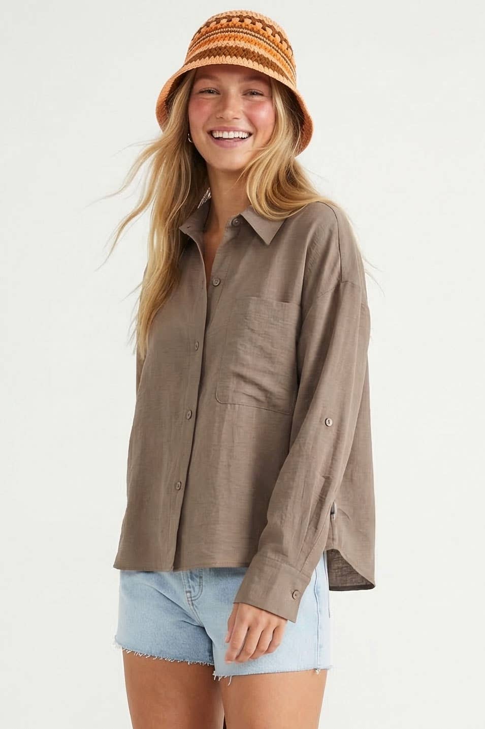 Linen Blend Rolled Sleeve Shirt