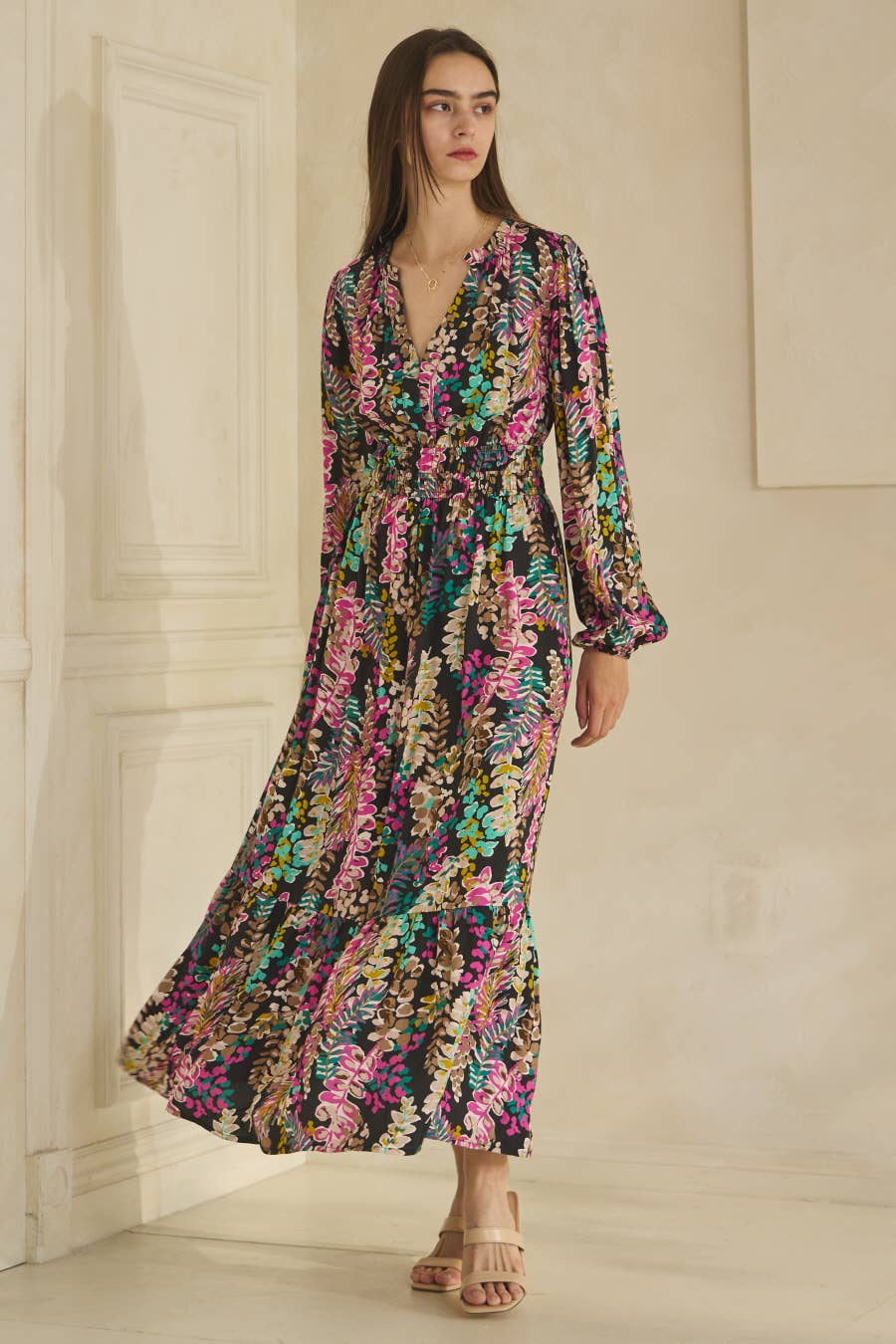 Colorful Floral Print Long Sleeve Maxi Dress