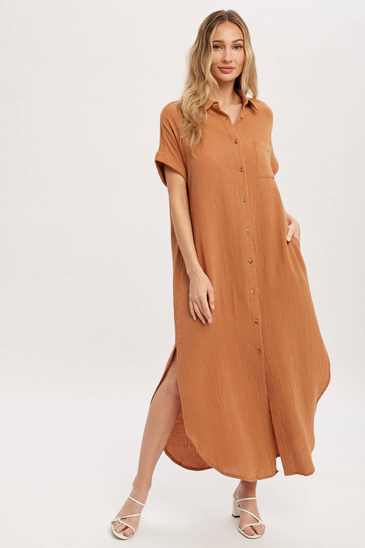 Button Up Maxi Shirt Dress with Pocket