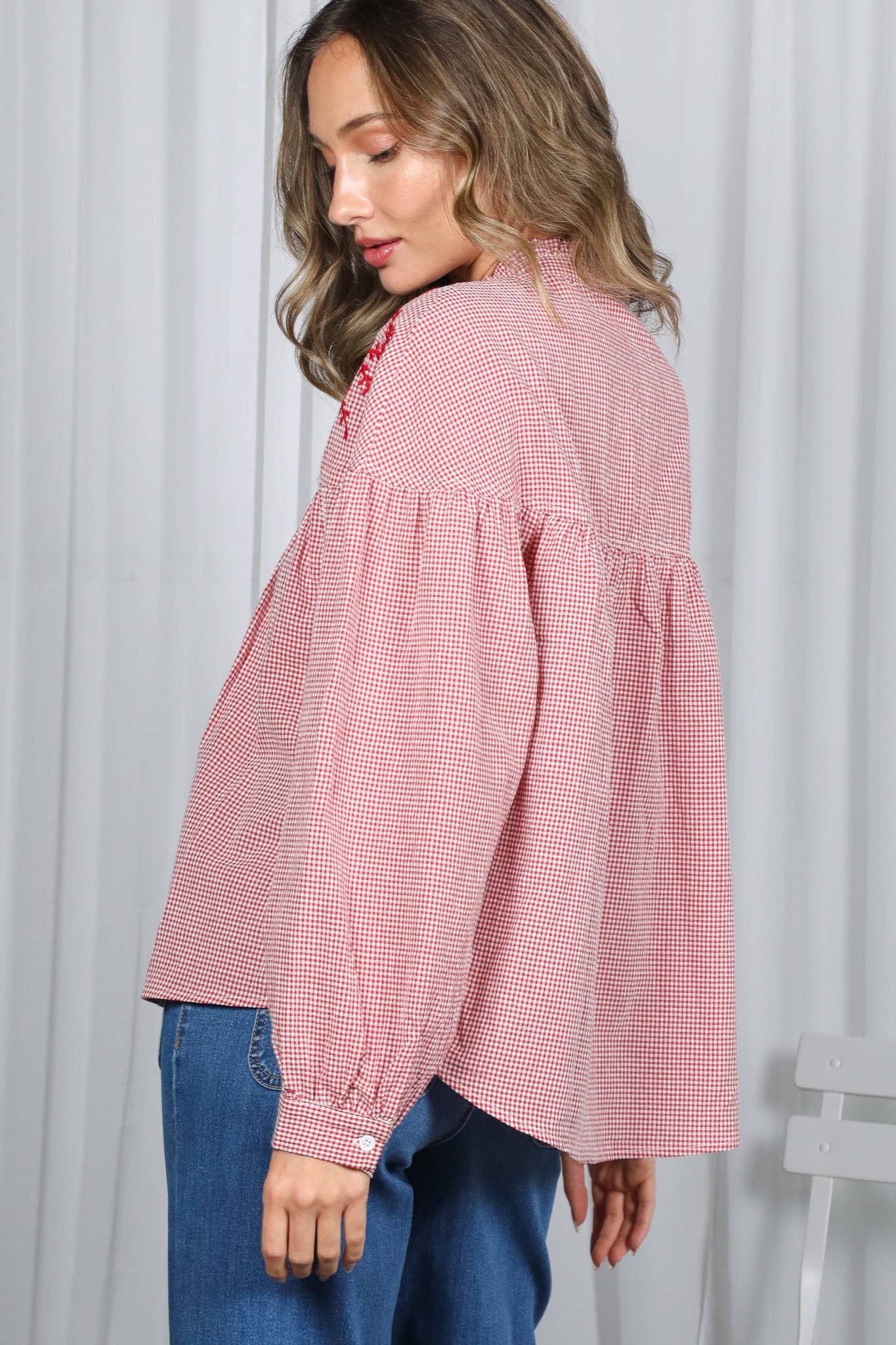 Ruffle Neck  Gingham Blouse