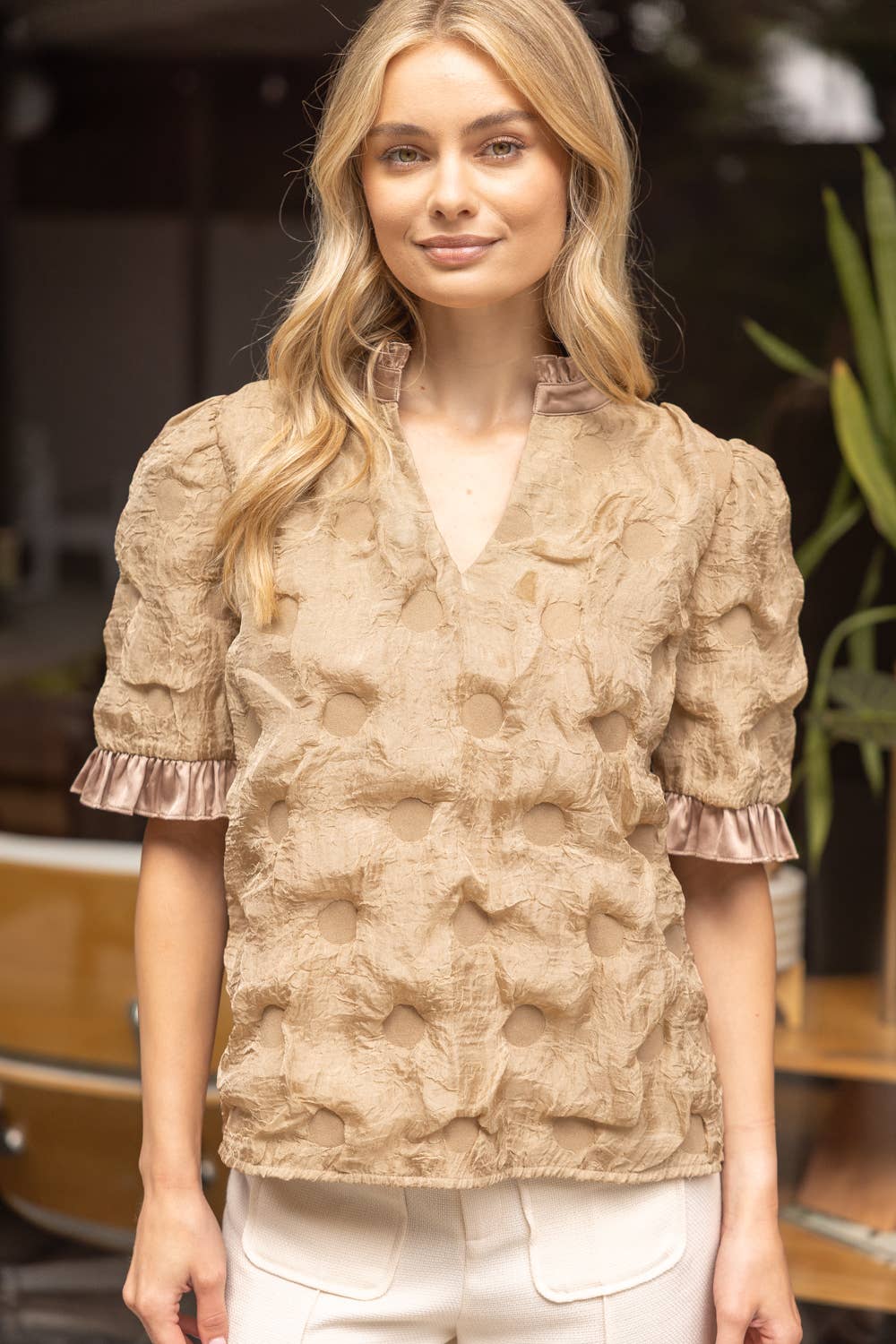 Satin Ruffled  Dotted Textured Top