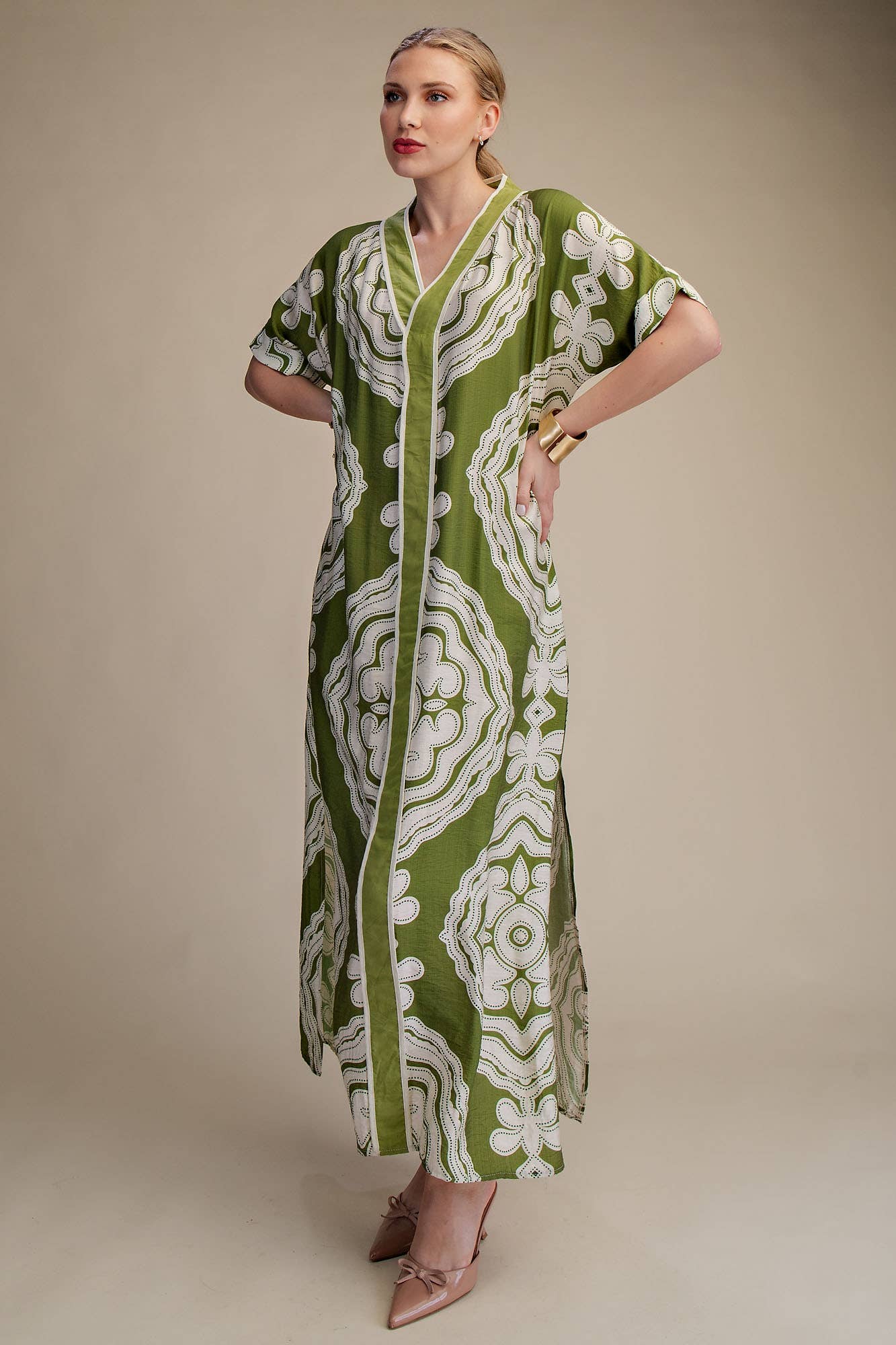 V-Neck Short Sleeve Maxi Print Dress
