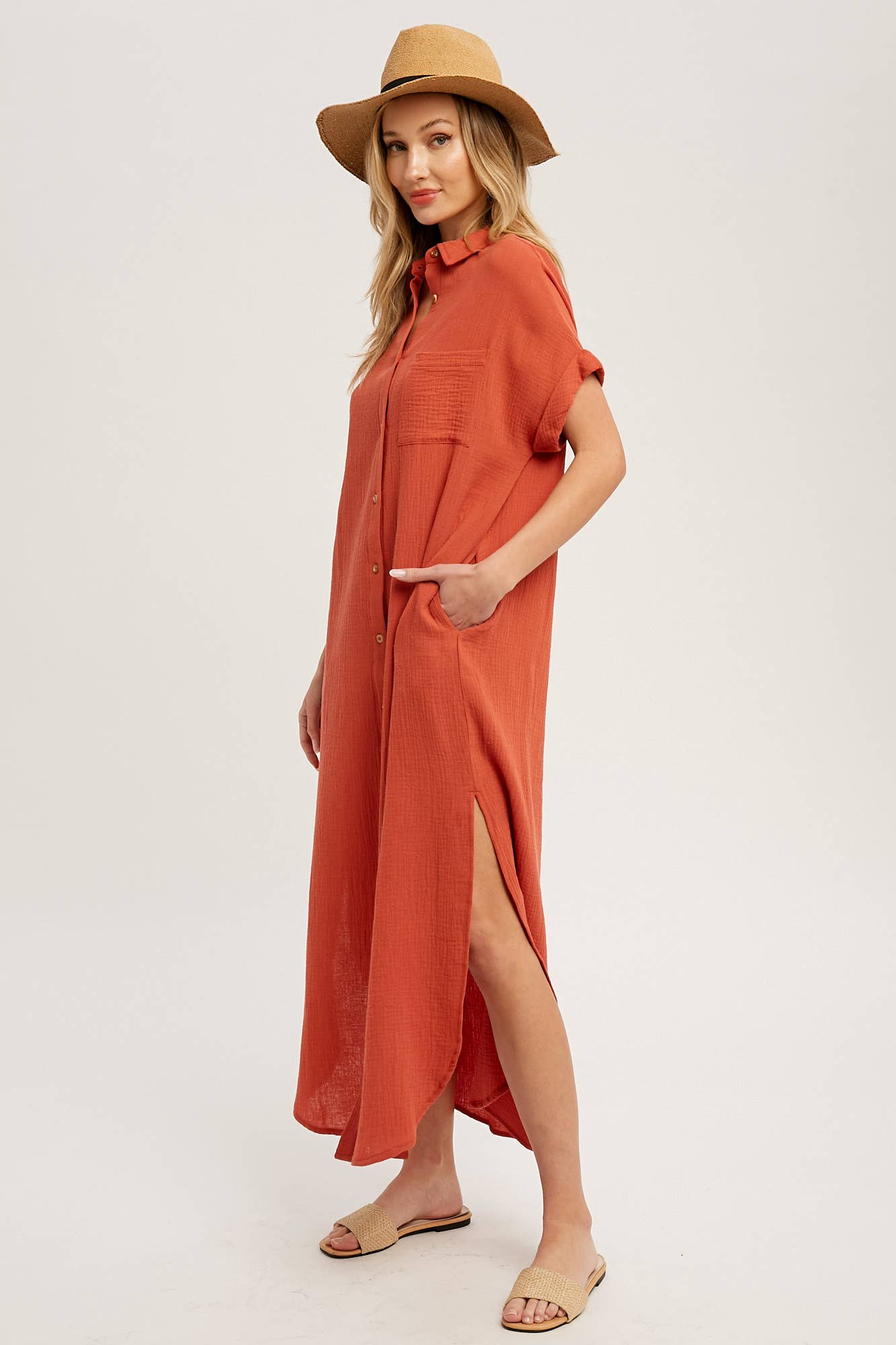 Button Up Maxi Shirt Dress with Pocket