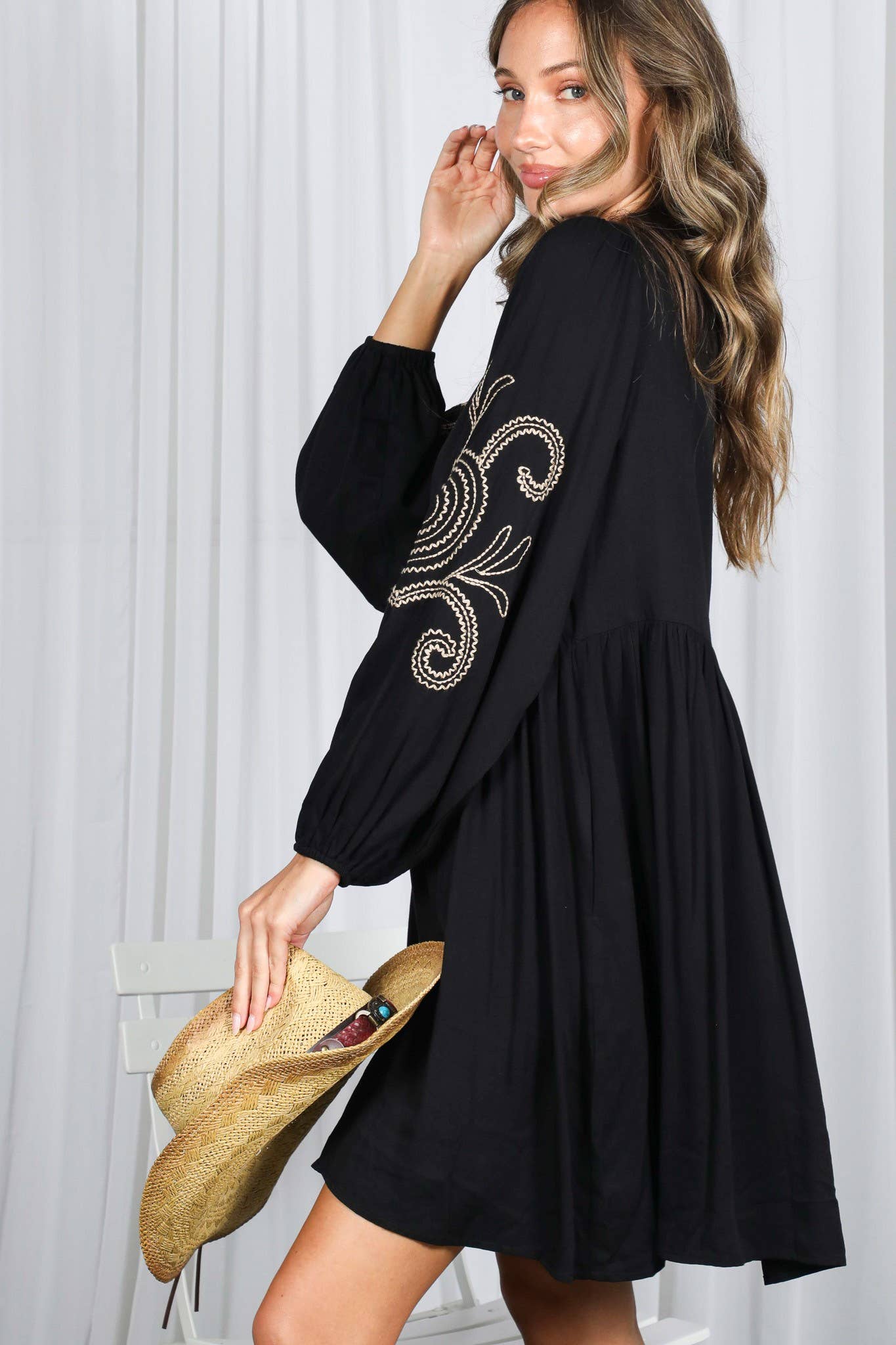 Paisley Embroidered V-Neck Baby Doll Mini Dress