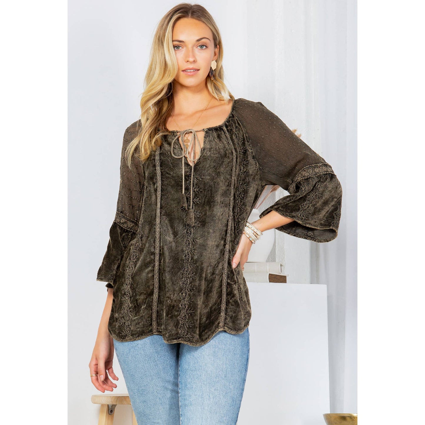 Velvet & Georgette Patchwork Peasant Top