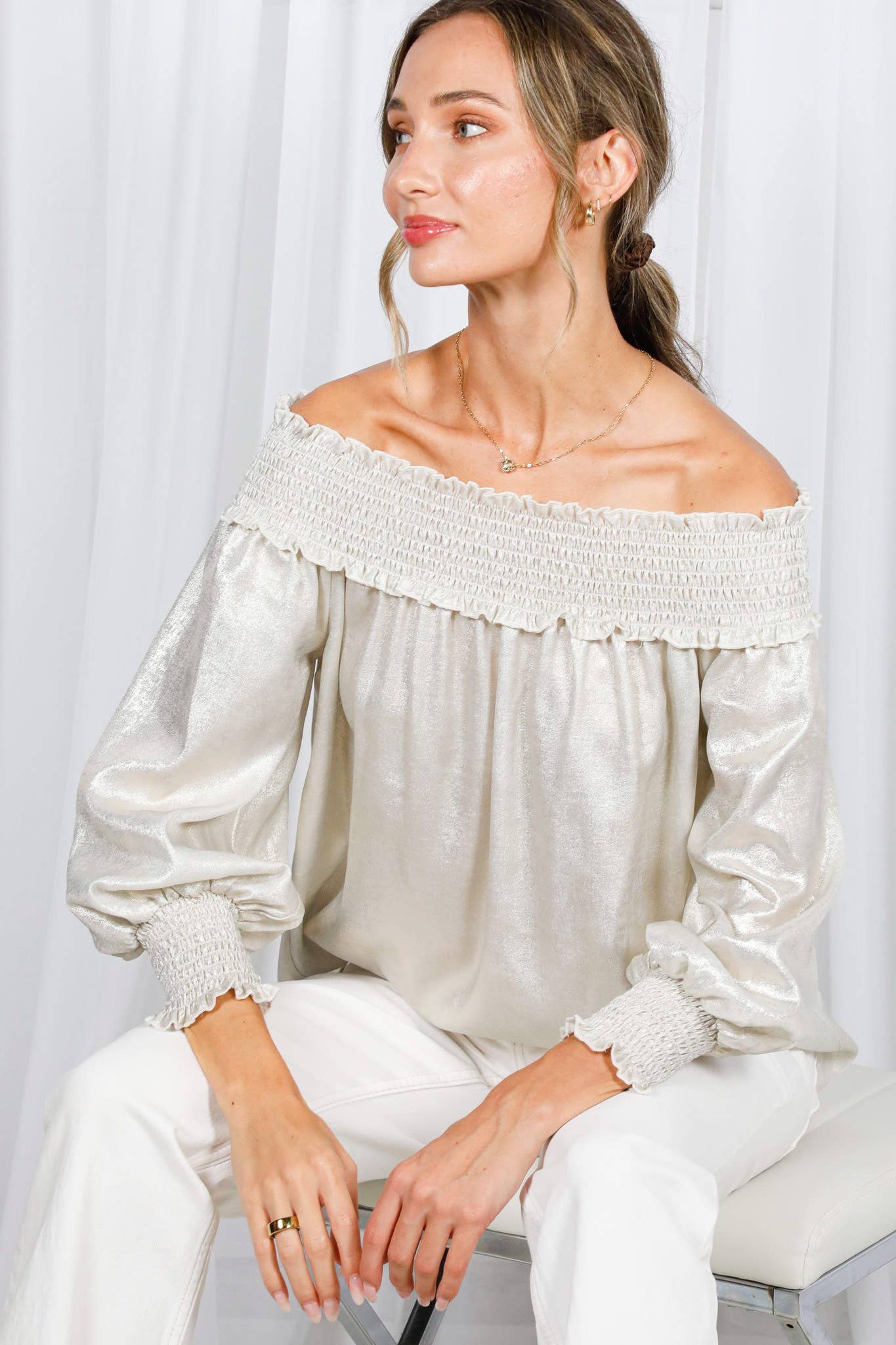 Metallic Woven Off-The-Shoulder Smocked Blouse