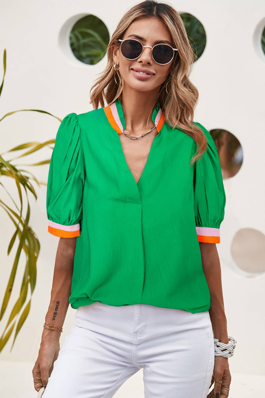 Colorful Trim Collar Pinched V Neck Blouse