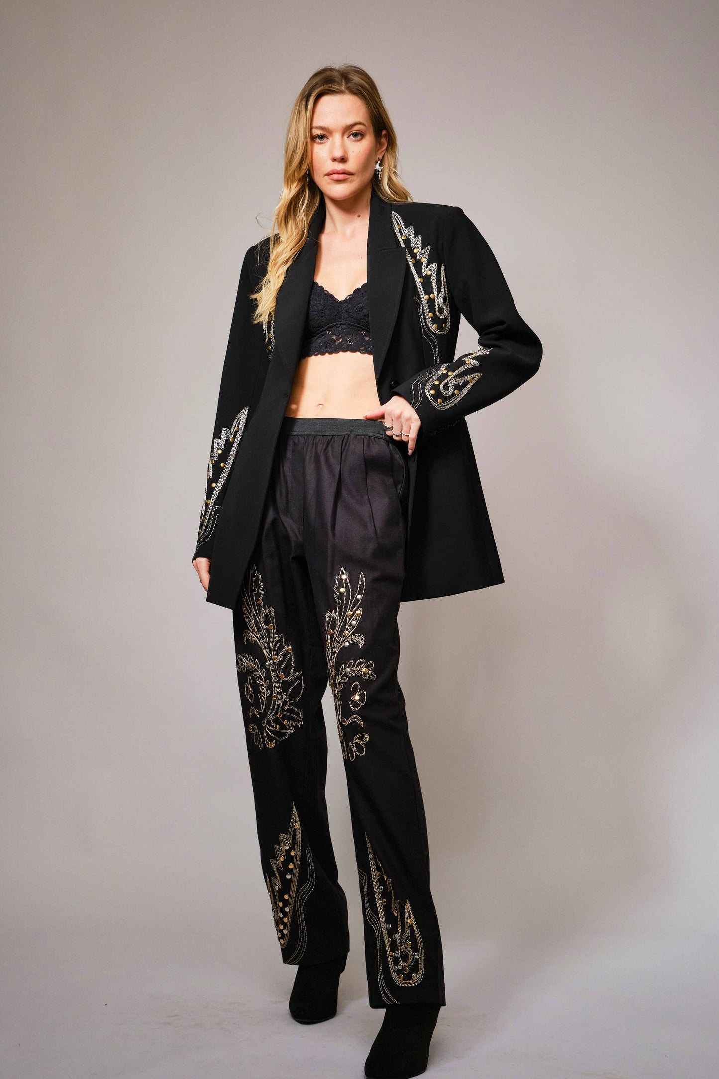 Twill Embroidered Stitchwork Studded Pants