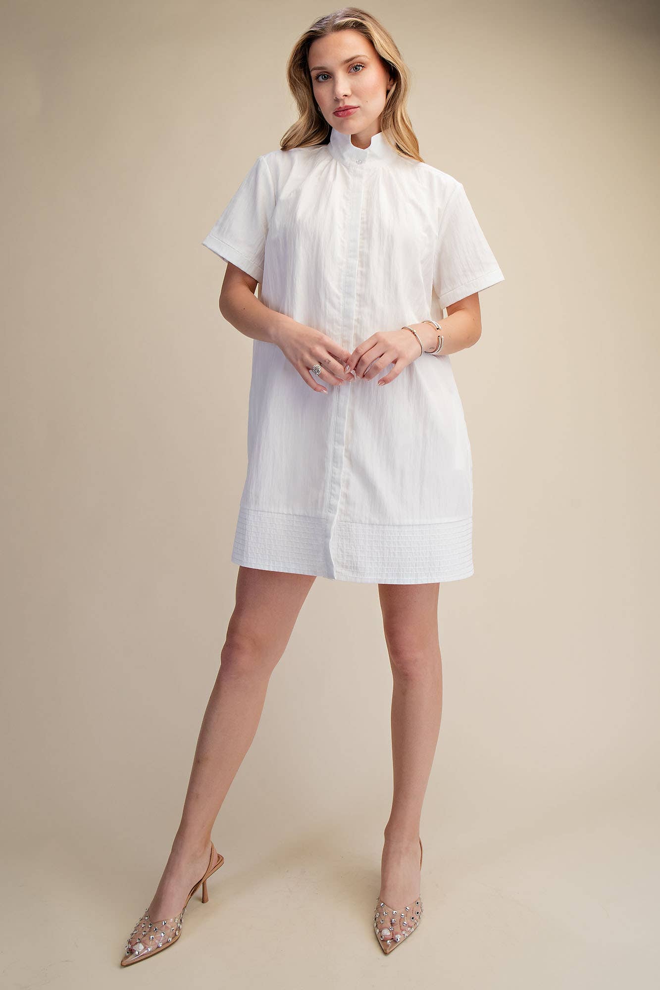 Stand Collar Short Sleeves Button Down Shift Dress