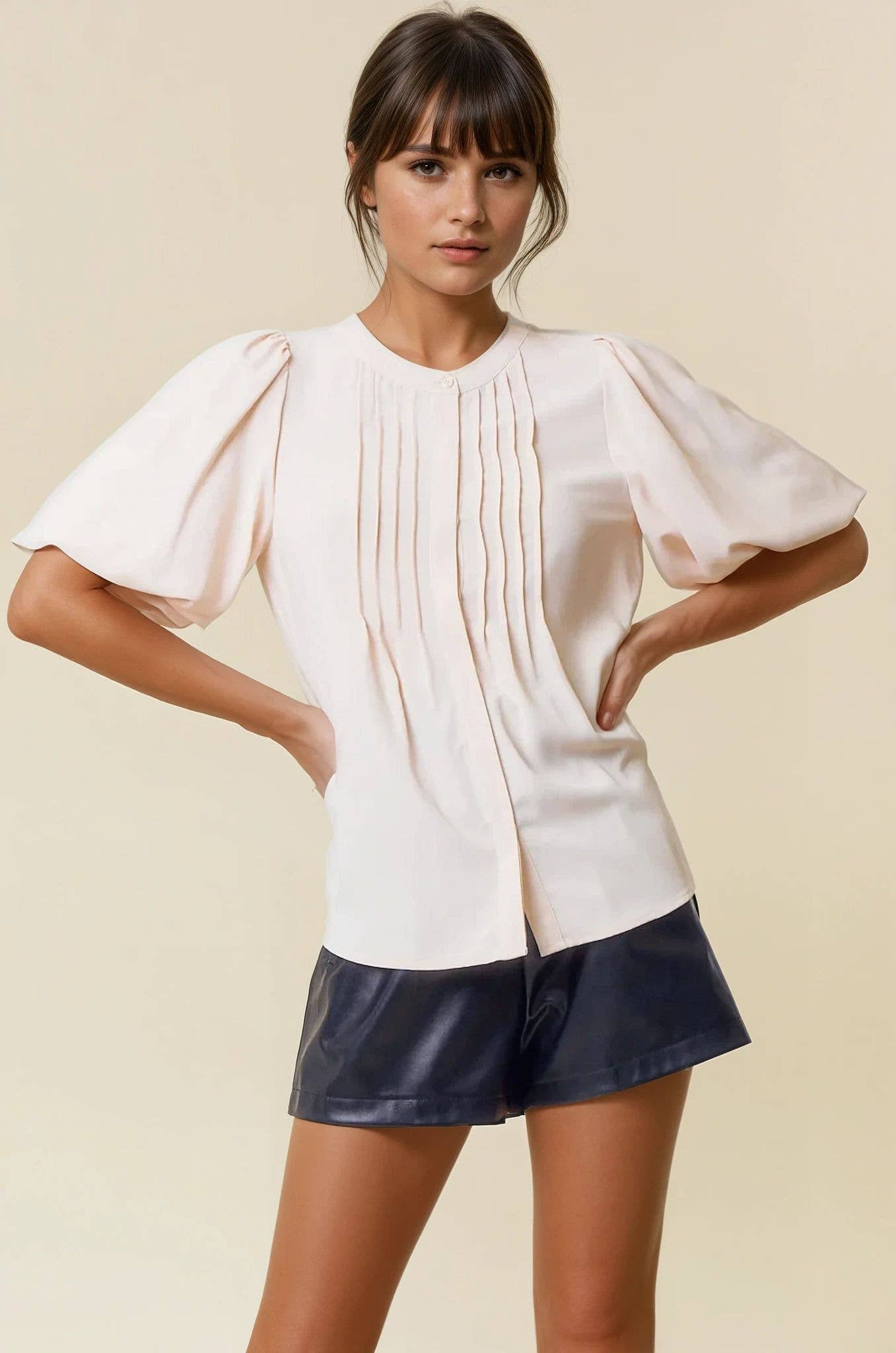 BUBBLE PINTUCK BUTTON DOWN BLOUSE