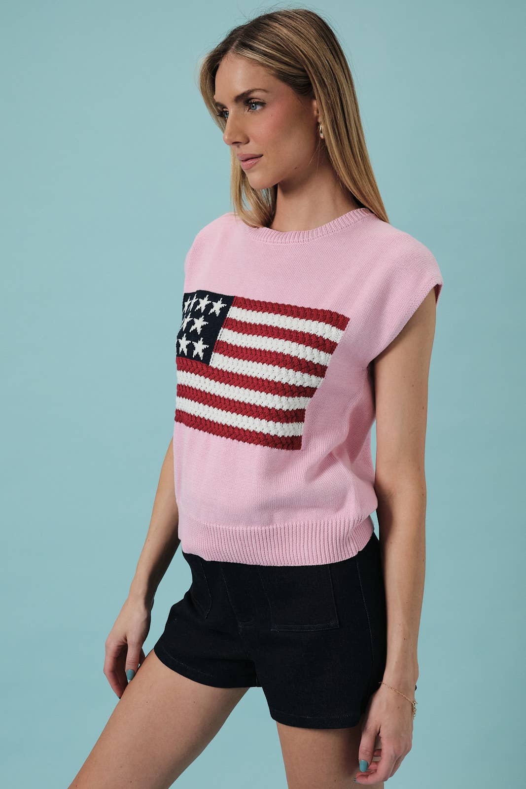 ROUND NECK WIDE SHOULDER USA FLAG SWEATER