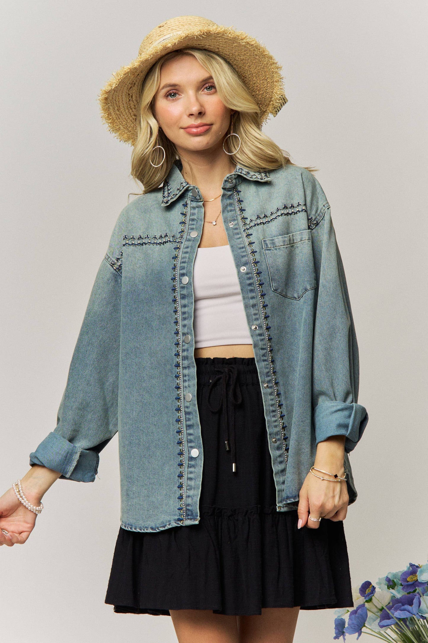 EMBROIDERY PATTERN DENIM BUTTON UP SHIRT