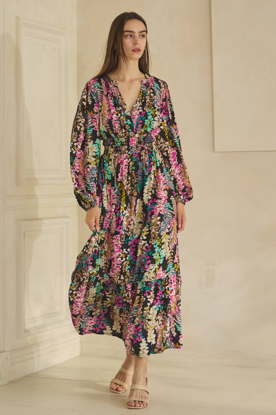 Colorful Floral Print Long Sleeve Maxi Dress