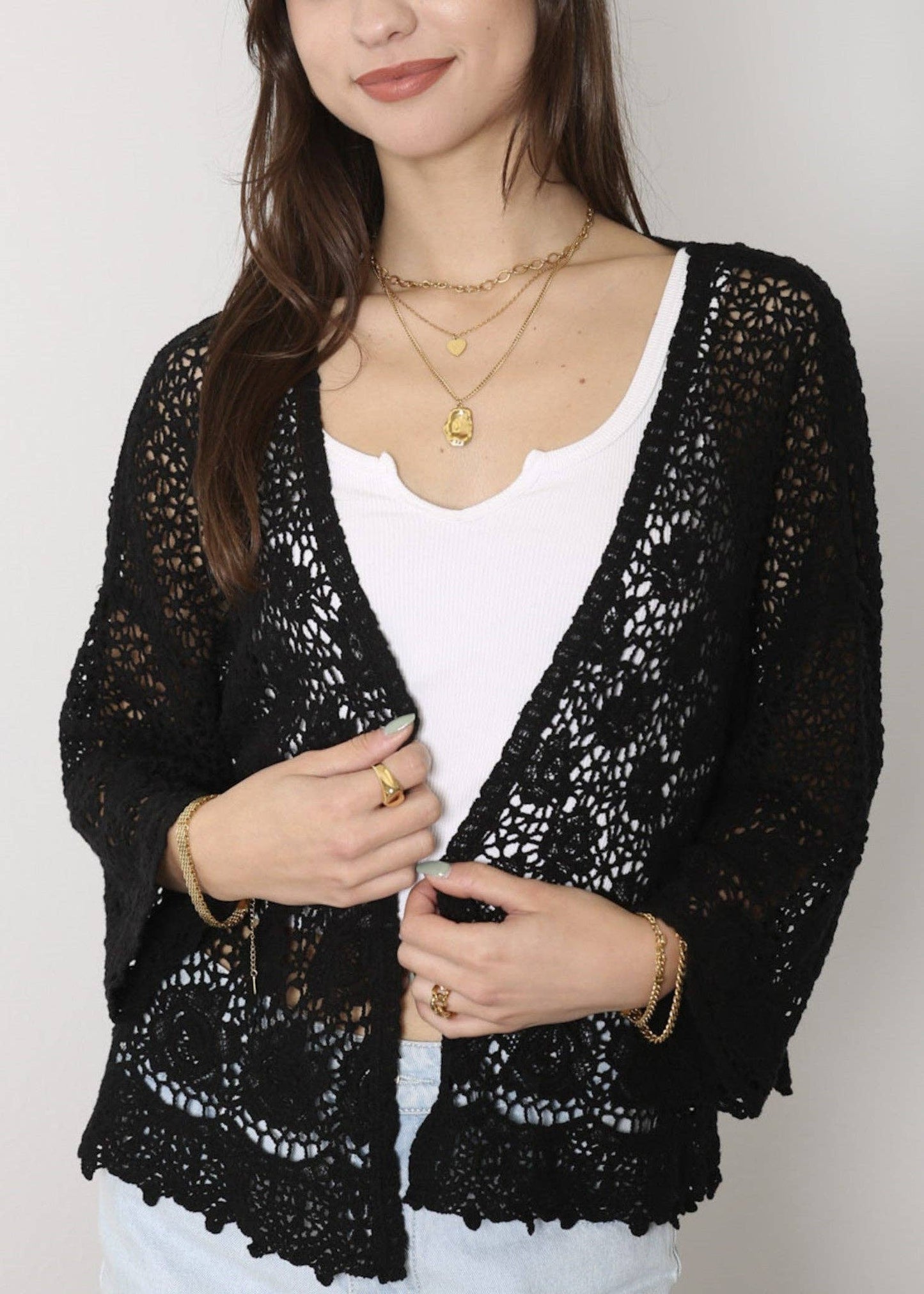 Embroidered Lace Kimono Crop Cardigan Half