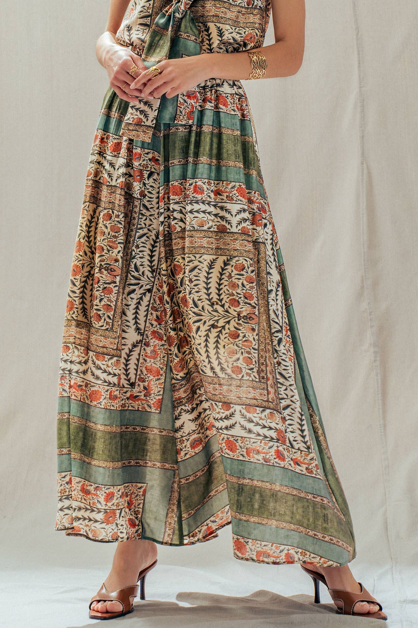 Botanical Bird Print Tencel Blend Maxi Skirt