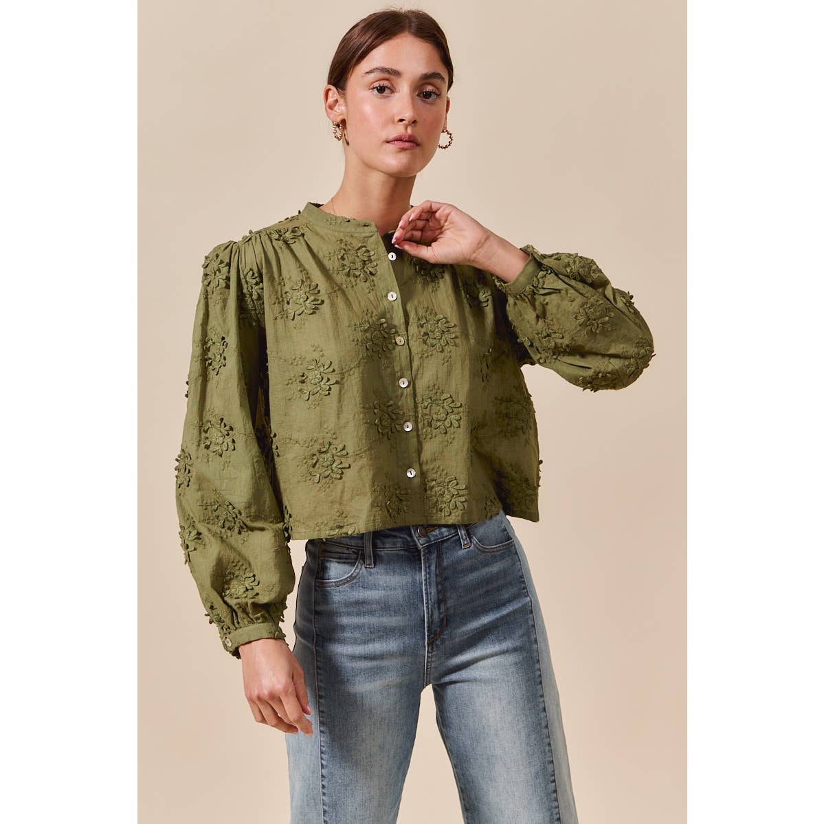 3D FLORAL WOVEN LONG SLEEVE FRONT BUTTON SHIRT