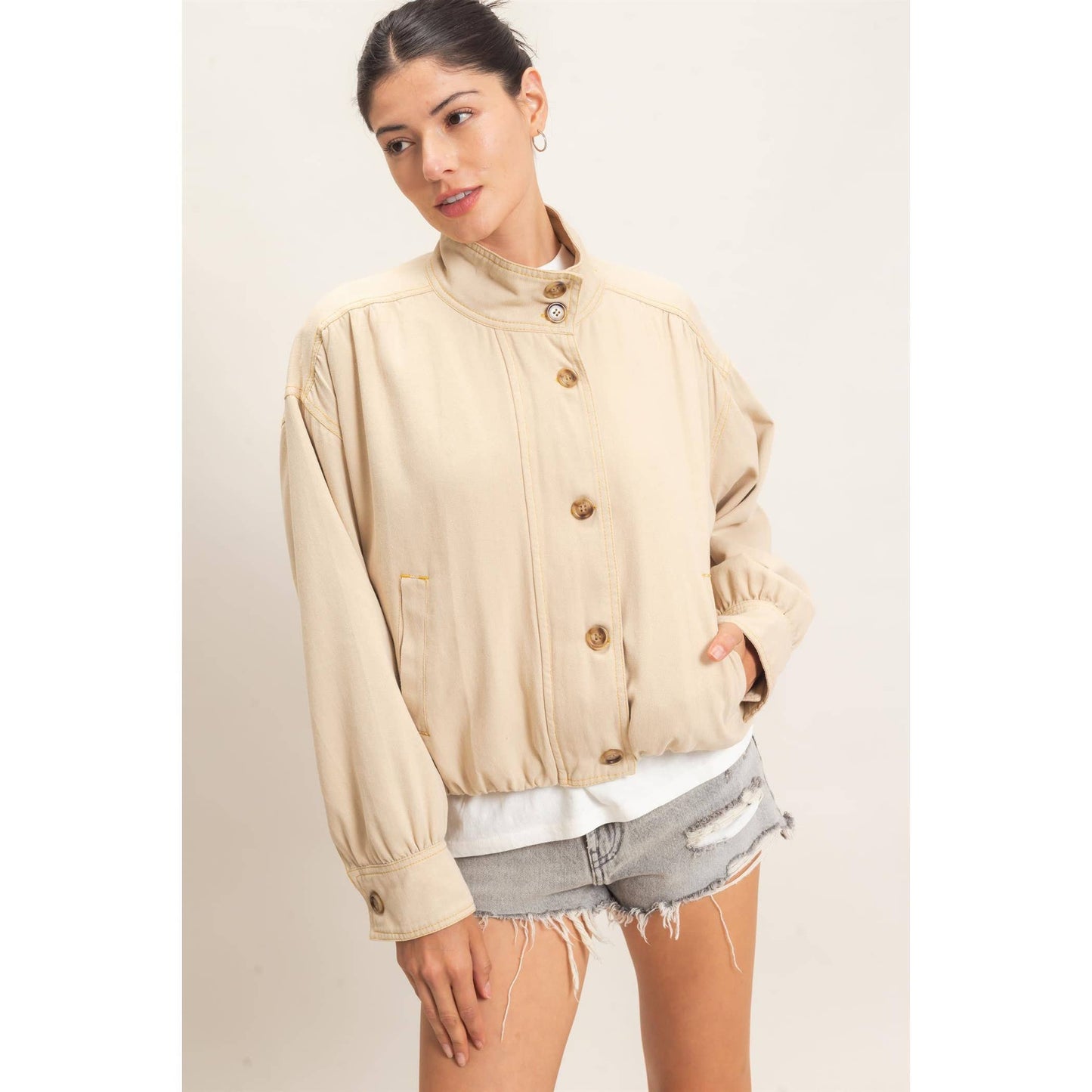 High Collar Denim Bomber Jacket