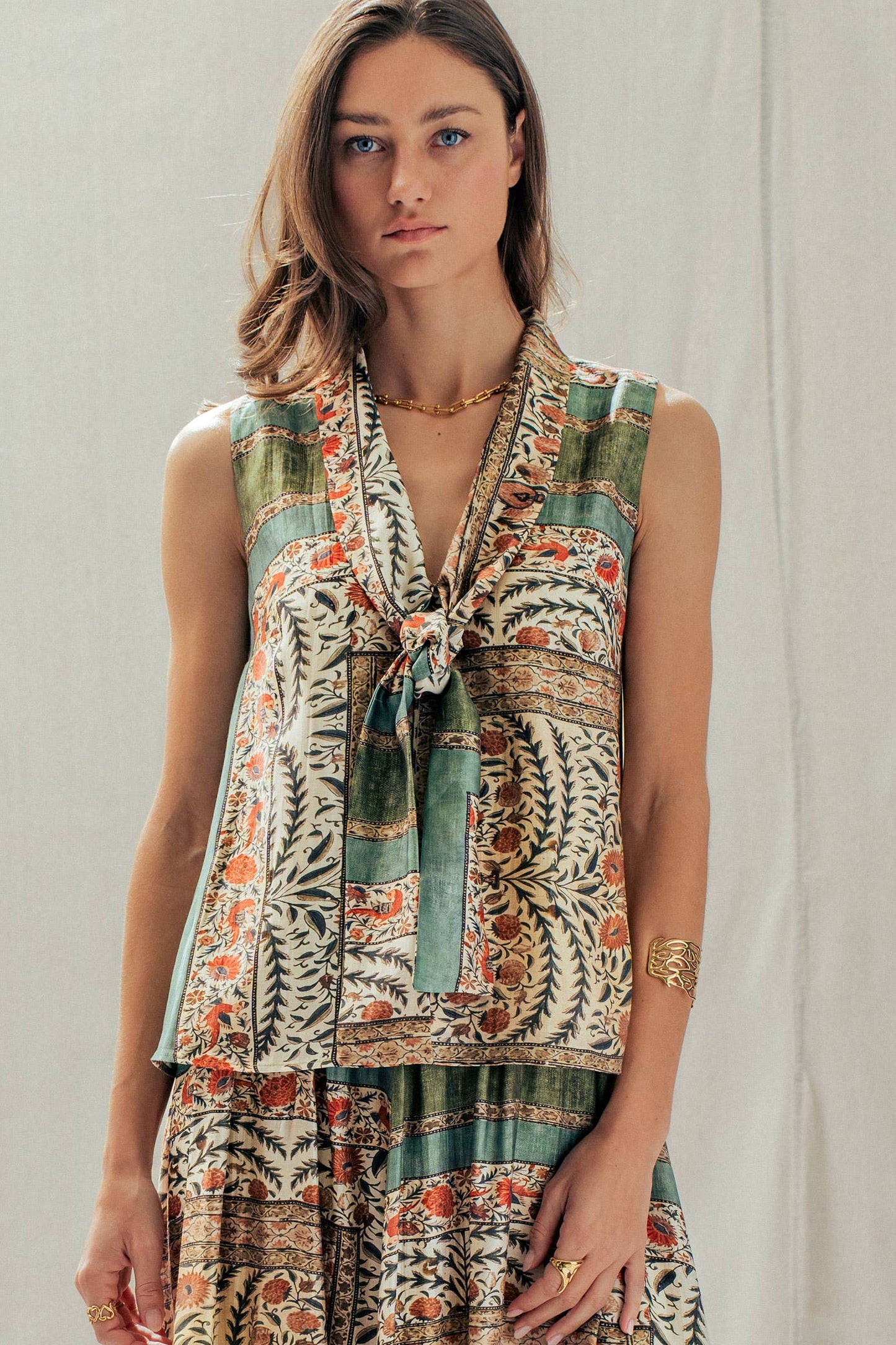 Botanical Bird Print Tie-Front Tencel Blend Top