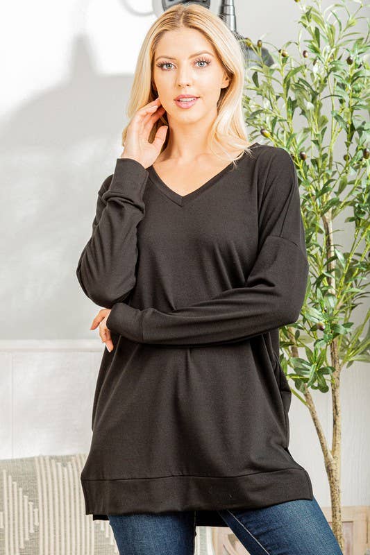 Long Sleeve Solid Black Tunic Top