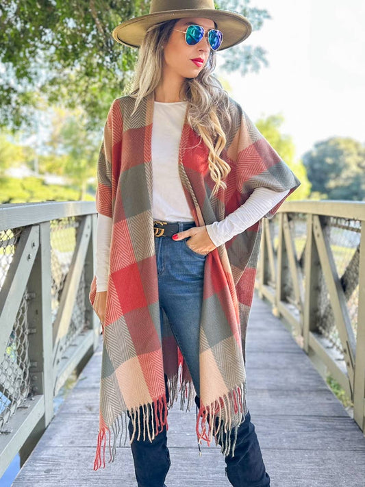 Elegant Rust  Check Plaid Ruana Cardigan with Tassels